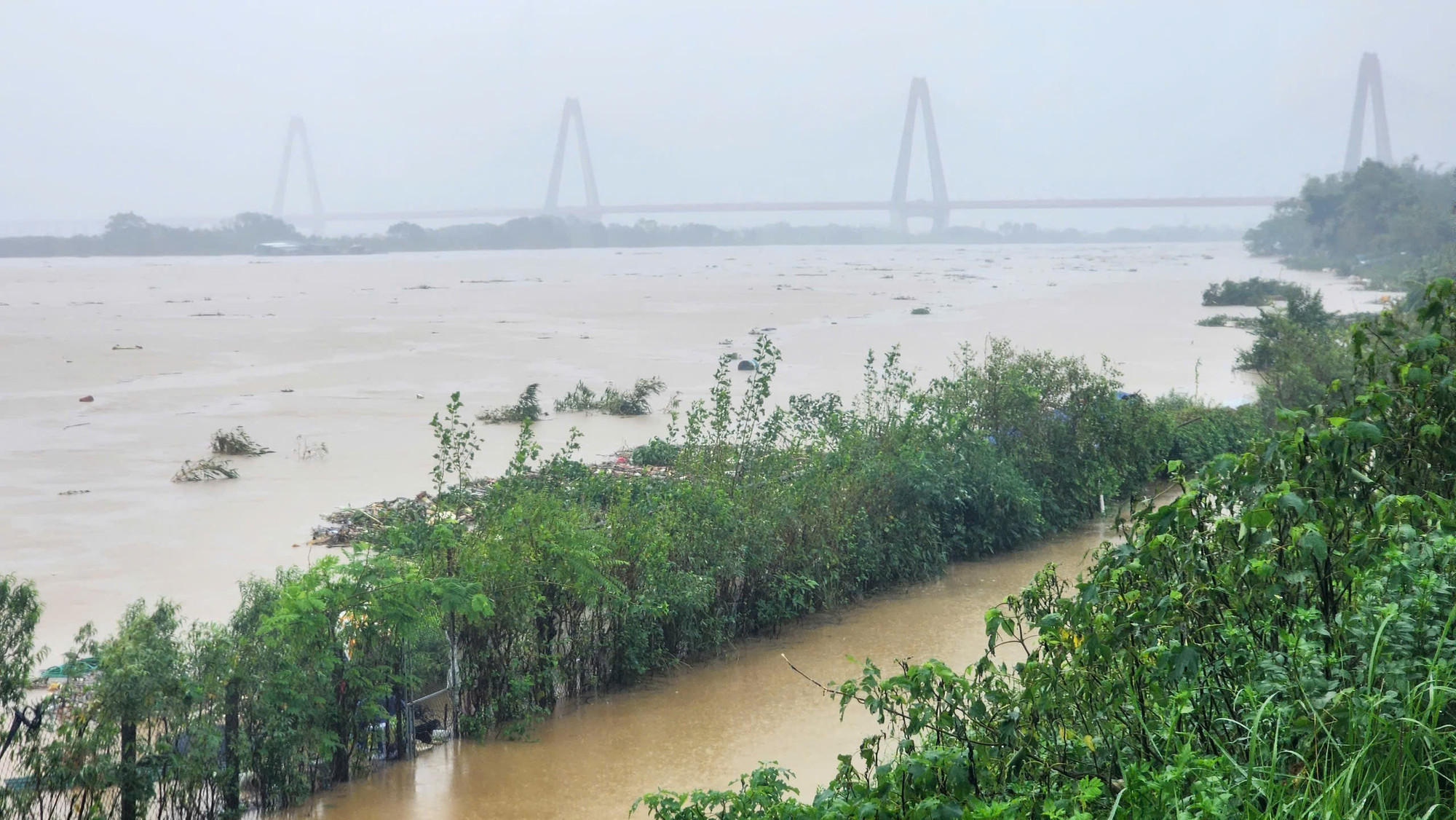 Theo ghi nhận của phóng viên, sáng 11/9, nước từ sông Hồng đã tràn vào phần đường đi phía ngoài đê tại đoạn gần nhà hàng Tre Place trên địa bàn phường Phú Thượng. Theo ghi nhận của phóng viên, sáng 11/9, nước từ sông Hồng đã tràn vào phần đường đi phía ngoài đê tại đoạn gần nhà hàng Tre Place trên địa bàn phường Phú Thượng.