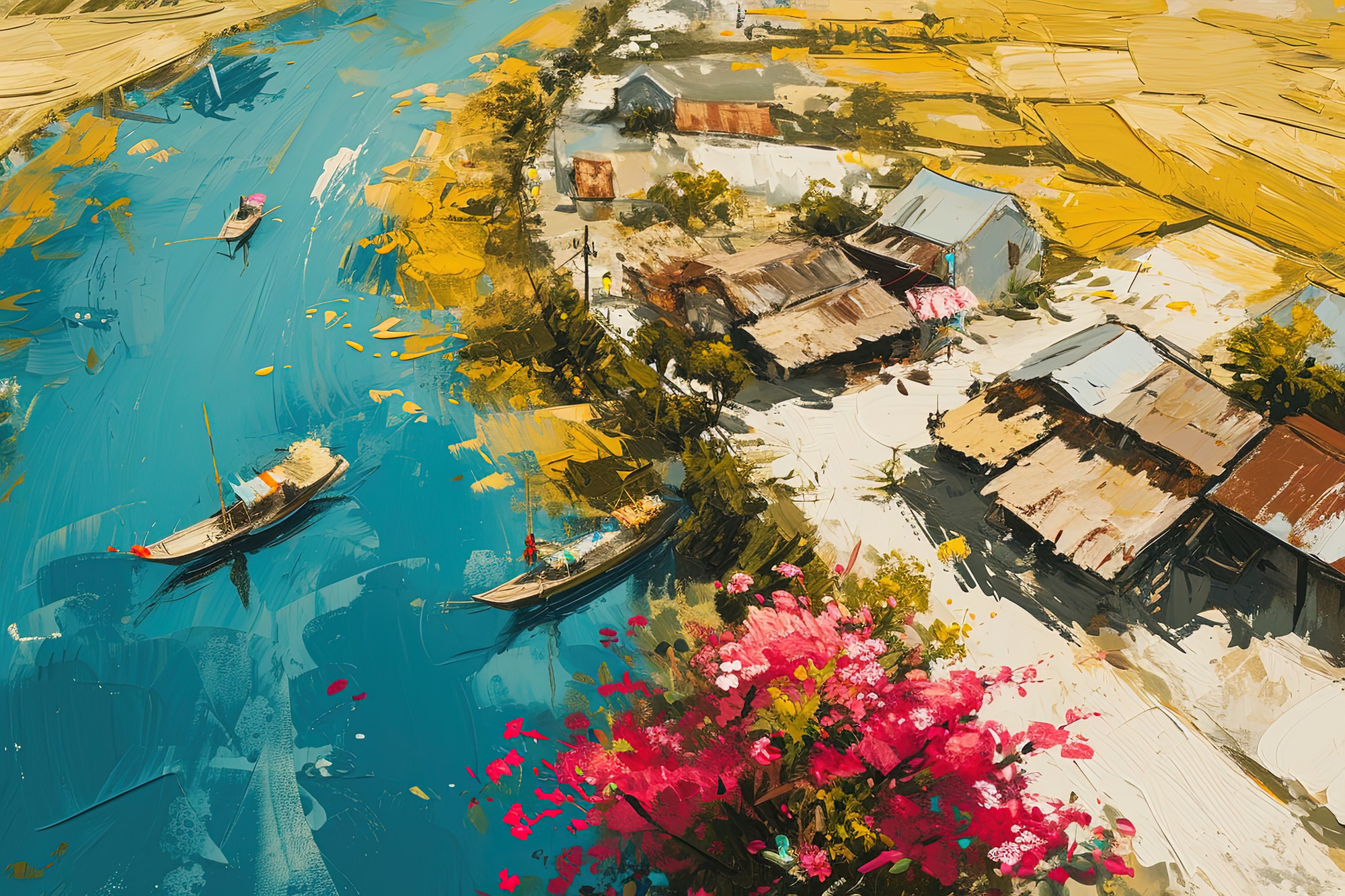 Trong tranh, những nếp nhà bình yên nằm bên triền sông yên bình. Rặng hoa đào đổ bóng xuống mặt nước xanh thẳm.