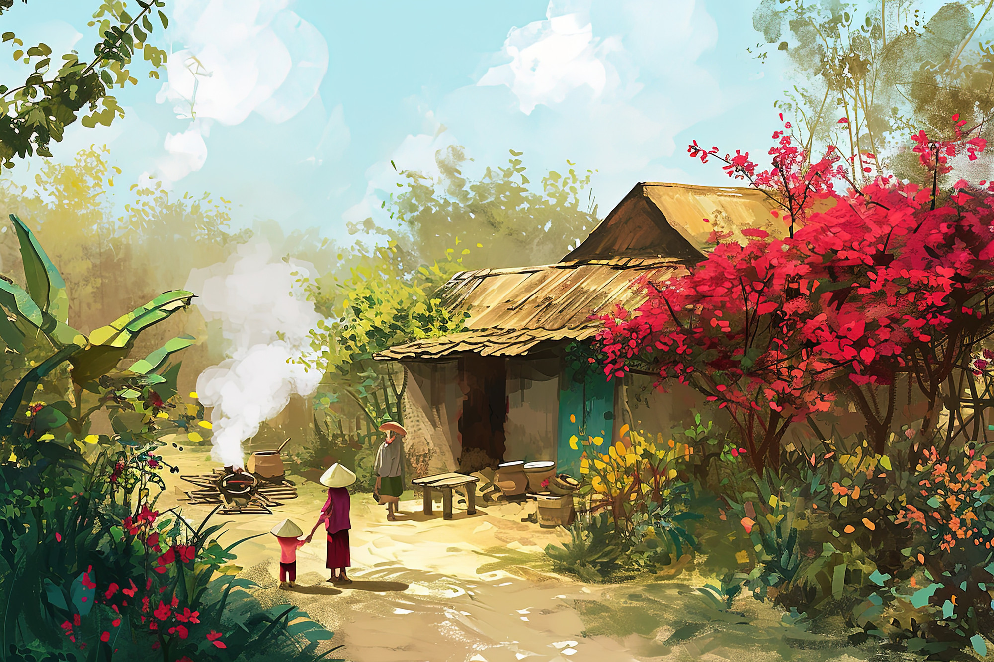 Mùa xuân cũng là khi Tết sắp về. Một chiếc bếp to sẽ được bắc ra trước cửa nhà. Khói thơm nồng bốc lên trên mái rạ để đợi nồi bánh chưng thơm mùi lá mới...