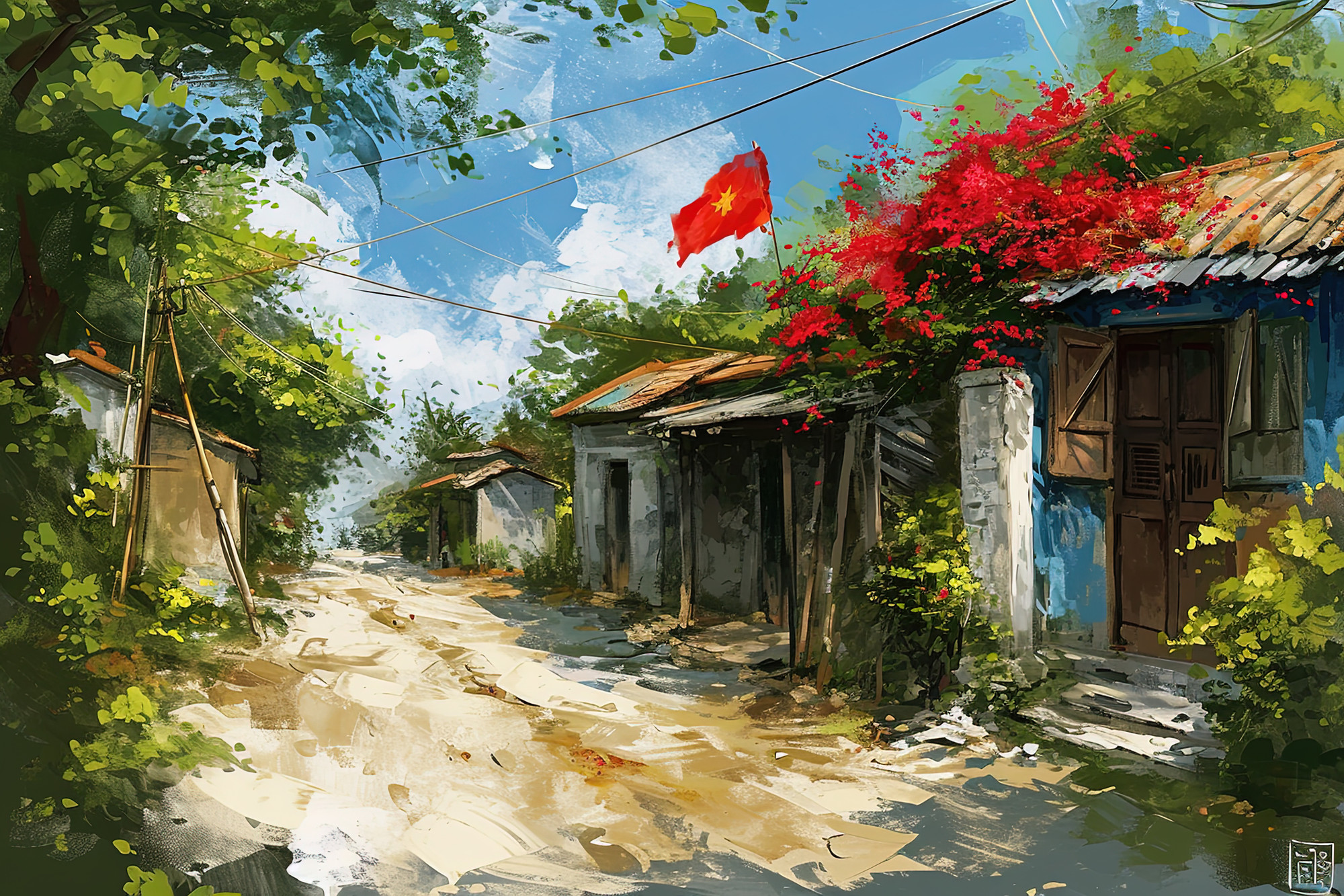 Hoa nở bừng trên một mái nhà. Chung quanh, không gian cũng trở nên trong vắt...