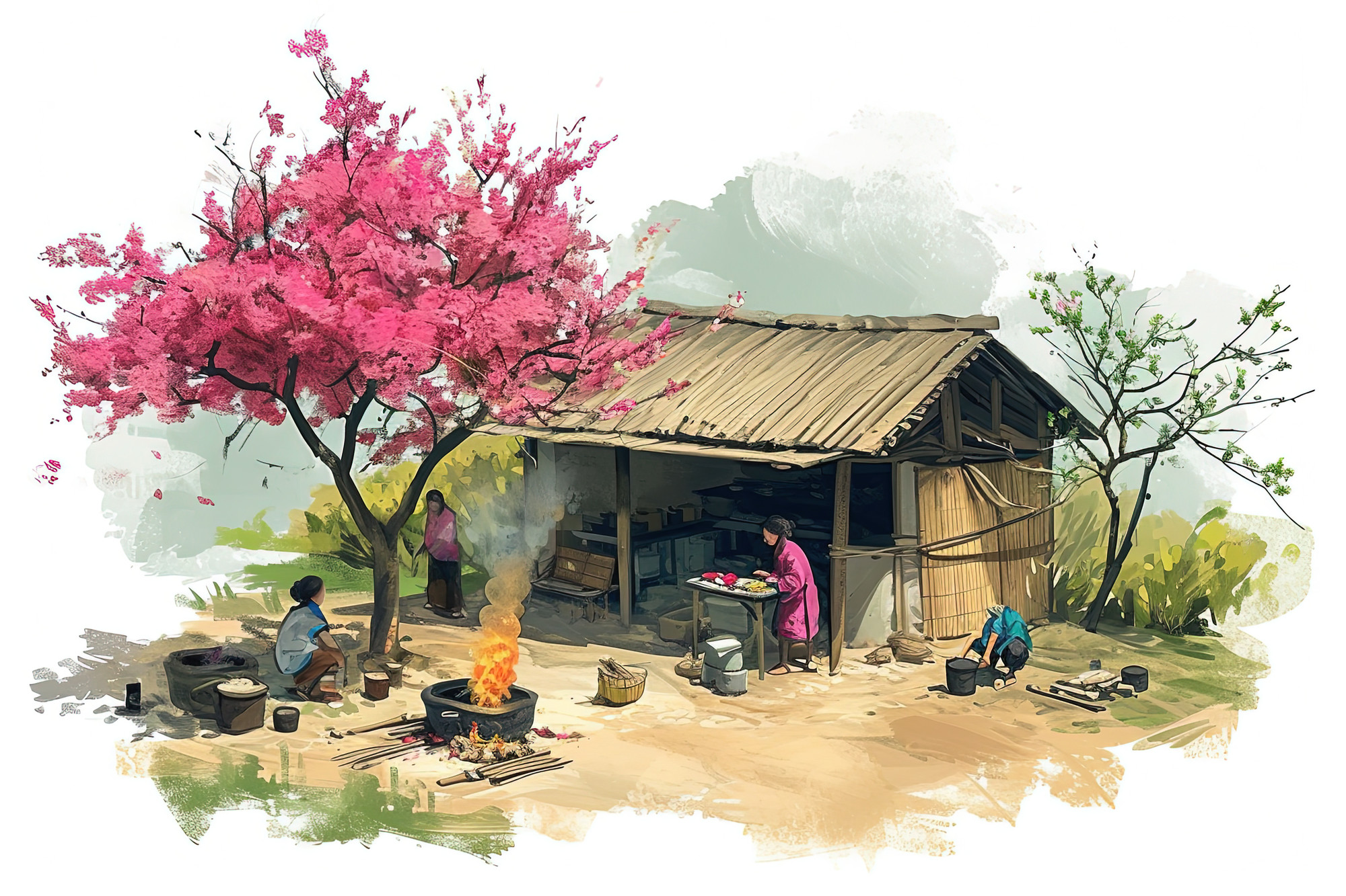 Tết đoàn viên bên nếp nhà đơn sơ... Theo tác giả, thông qua những bức tranh này, anh muốn "níu giữ" một phần ký ức bình yên tại các làng quê xưa trước tốc độ bê-tông hóa ngày càng nhanh hiện nay.