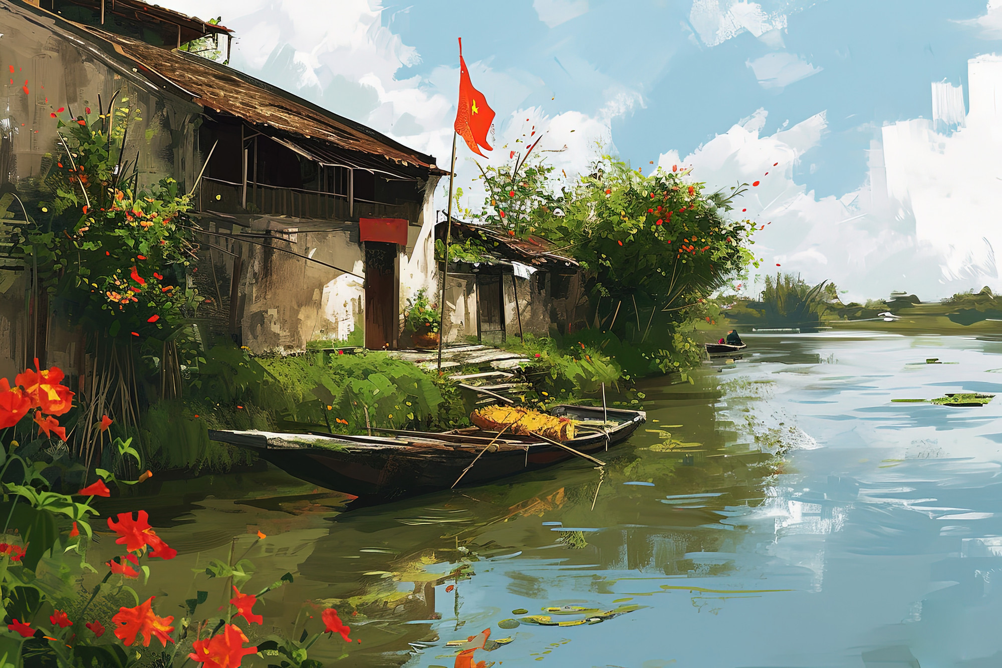 Chiếc thuyền nan nhỏ neo đậu bến quê khiến nhiều người xem như được quay về với miền ký ức xa xưa.