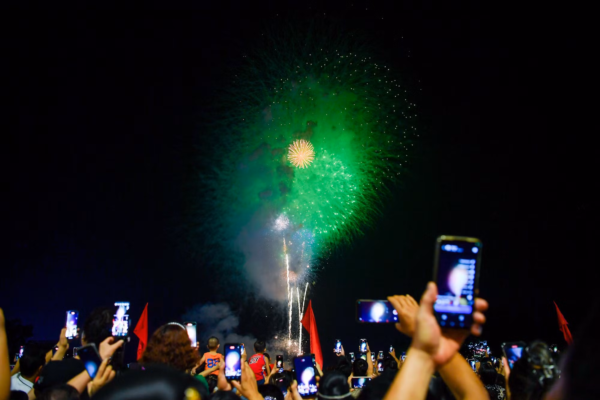 Trong phút chốc, cả nền trời rực rỡ bởi những chùm pháo hoa nhiều sắc màu.