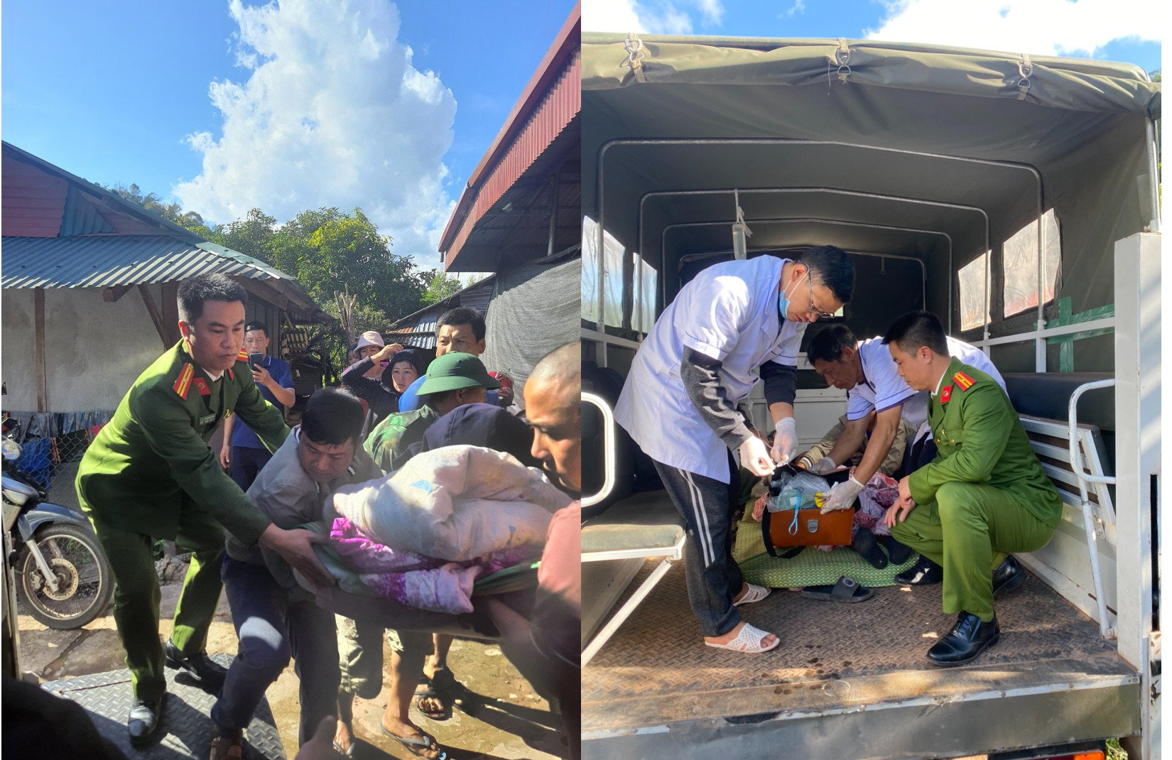 Thiếu tá Bùi Quang Khải hỗ trợ đưa người dân gặp nạn đi cấp cứu.