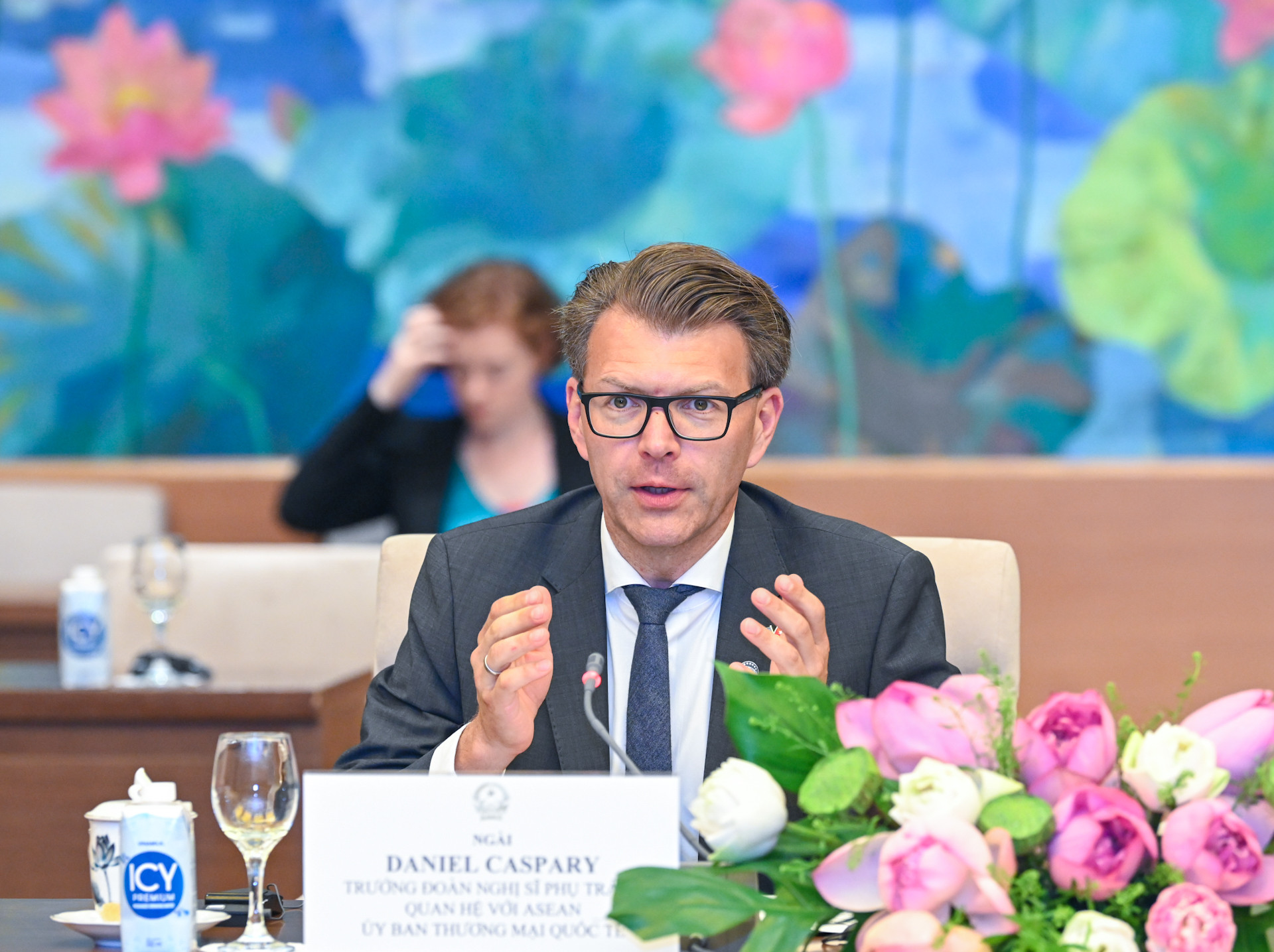 Ngài Daniel Caspary, Trưởng đoàn Nghị sĩ phụ trách quan hệ với các quốc gia Đông Nam Á và ASEAN phát biểu tại buổi tiếp.