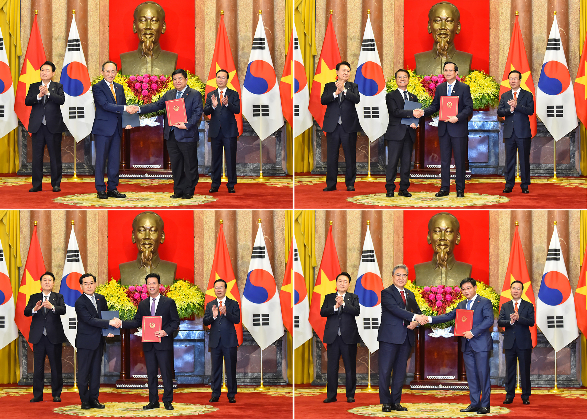 Chủ tịch nước Võ Văn Thưởng và Tổng thống Đại Hàn Dân Quốc Yoon Suk Yeo chứng kiến lễ trao đổi văn kiện hợp tác giữa hai nước trên nhiều lĩnh vực như kế hoạch đầu tư, lao động và việc làm, tài nguyên môi trường, giao thông,…