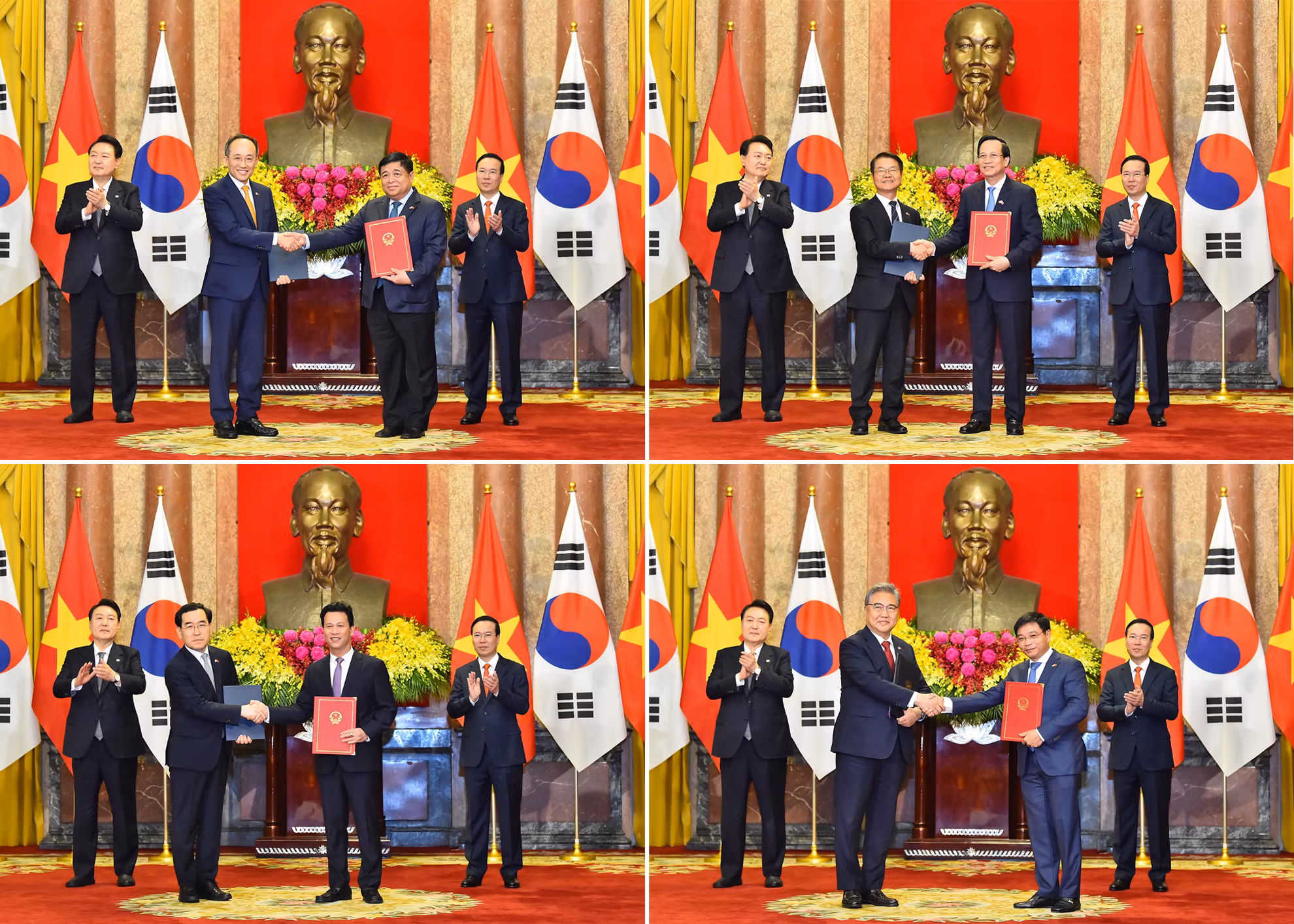 Chủ tịch nước Võ Văn Thưởng và Tổng thống Đại Hàn Dân Quốc Yoon Suk Yeo chứng kiến lễ trao đổi văn kiện hợp tác giữa hai nước trên nhiều lĩnh vực như kế hoạch đầu tư, lao động và việc làm, tài nguyên môi trường, giao thông,…