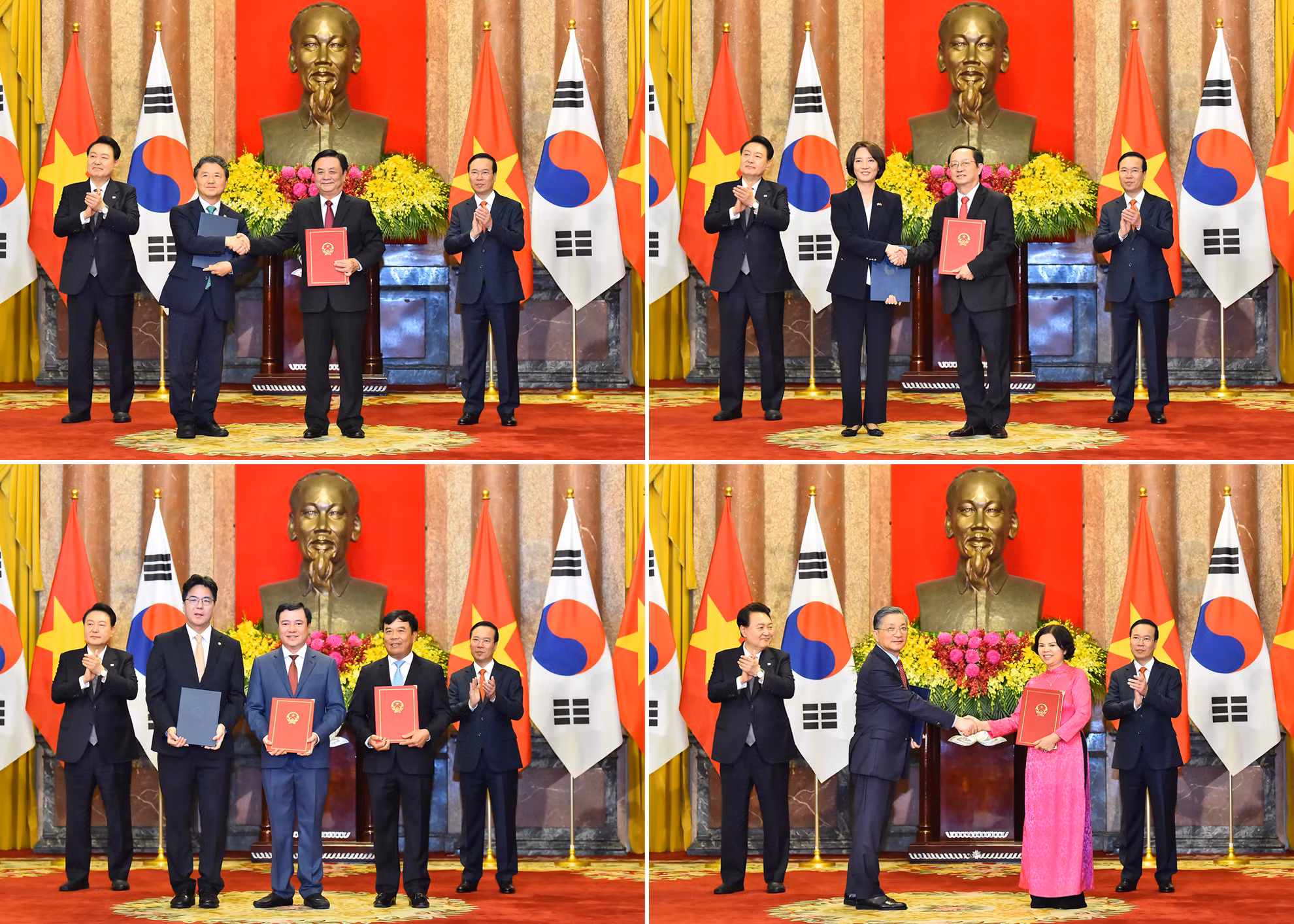 Tại buổi lễ, Chủ tịch nước Võ Văn Thưởng và Tổng thống Đại Hàn Dân Quốc Yoon Suk Yeo đã chứng kiến 17 văn kiện hợp tác, bản ghi nhớ trên nhiều lĩnh vực quan trọng giữa các bộ, ban, ngành và địa phương hai nước.