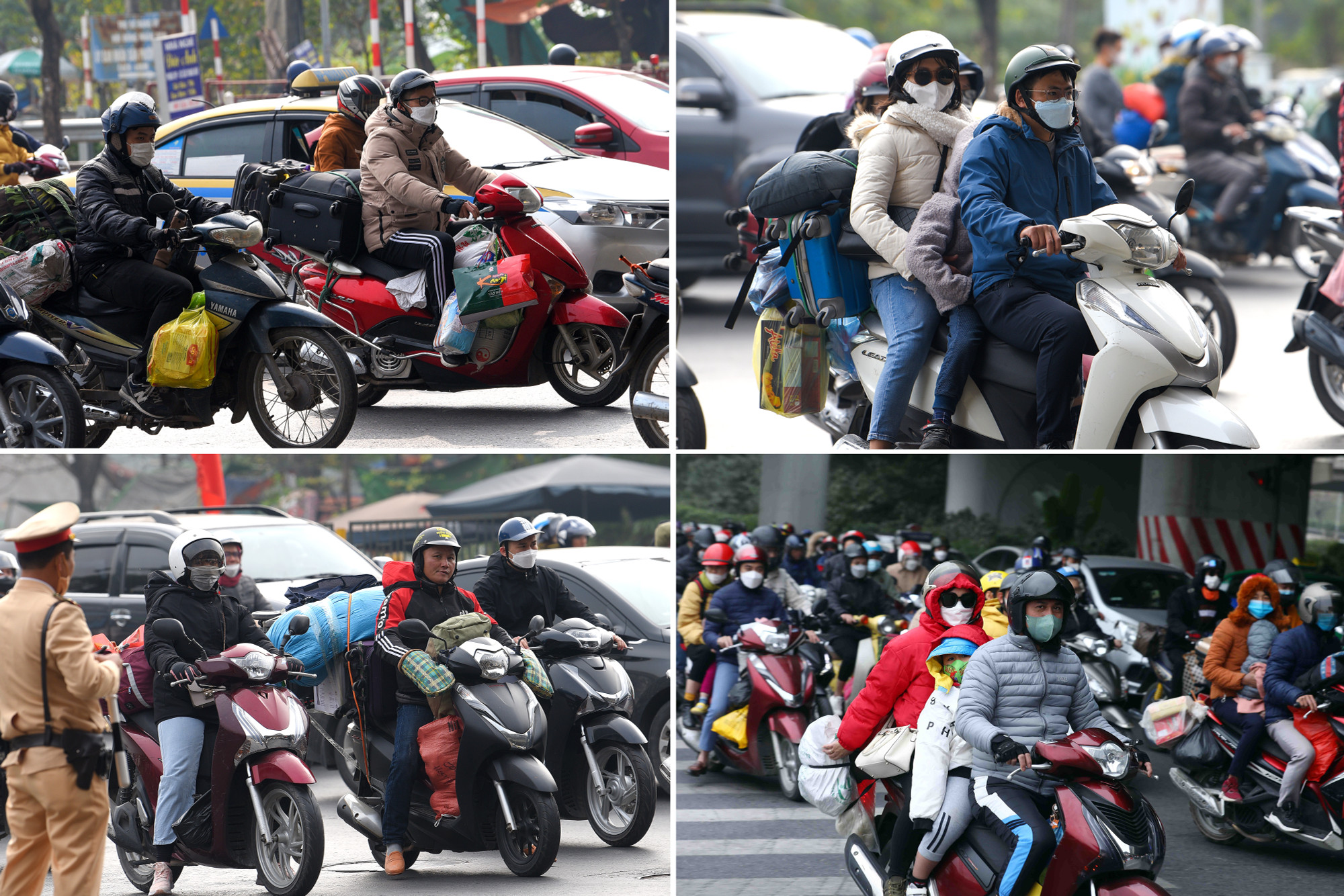 Nhiều người dân lựa chọn xe máy để di chuyển, đằng sau lỉnh kỉnh đồ đạc mang từ quê nhà. Nhiều người dân lựa chọn xe máy để di chuyển, đằng sau lỉnh kỉnh đồ đạc mang từ quê nhà.