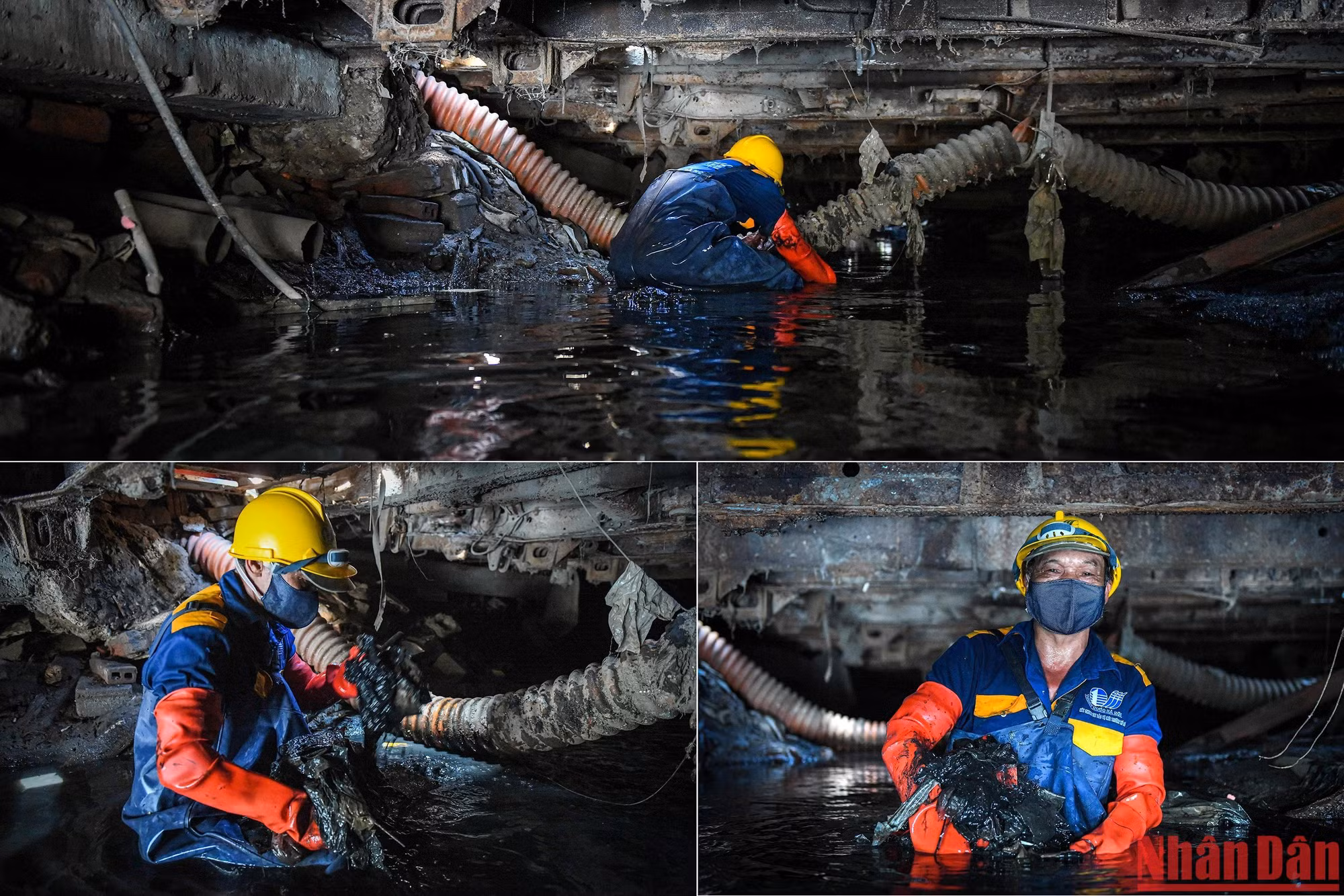 Nếu ví hệ thống cống như mạch máu ngầm của Hà Nội thì mạch máu ấy đang bị ùn ứ lại bởi... rác. Rác mắc trên bó cáp viễn thông mắc ngang dòng chảy. Rác tứ bề bủa vây, đùn lên thành đống. Những người thợ cống như ông Công có nhiệm vụ làm sạch và bảo đảm cho sự tuần hoàn của nước thải. Nếu ví hệ thống cống như mạch máu ngầm của Hà Nội thì mạch máu ấy đang bị ùn ứ lại bởi... rác. Rác mắc trên bó cáp viễn thông mắc ngang dòng chảy. Rác tứ bề bủa vây, đùn lên thành đống. Những người thợ cống như ông Công có nhiệm vụ làm sạch và bảo đảm cho sự tuần hoàn của nước thải.