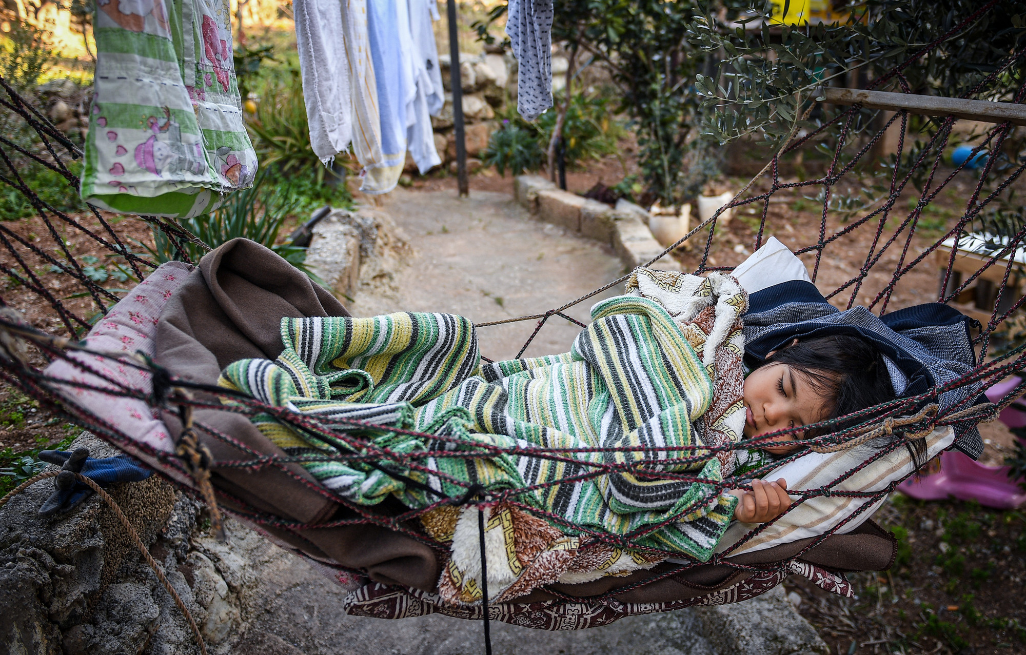 Một bé trai 4 tuổi ngủ ngon lành trên chiếc võng Thổ Nhĩ Kỳ trong vườn nhà. Đây cũng là nơi bé thường xuyên ngủ trong vài ngày đã qua.