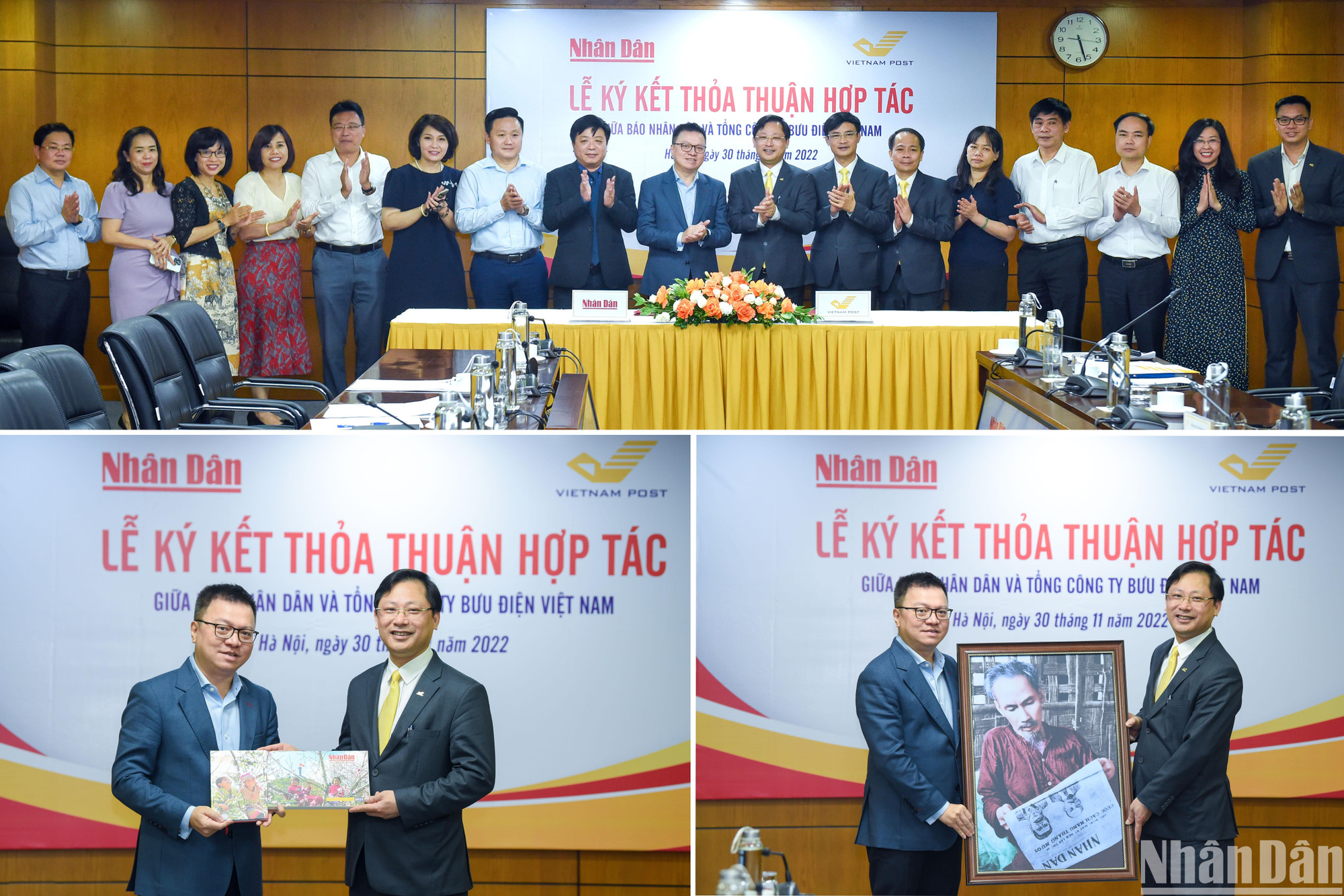 Đại diện 2 đơn vị chụp ảnh và tặng quà lưu niệm sau Lễ ký kết.