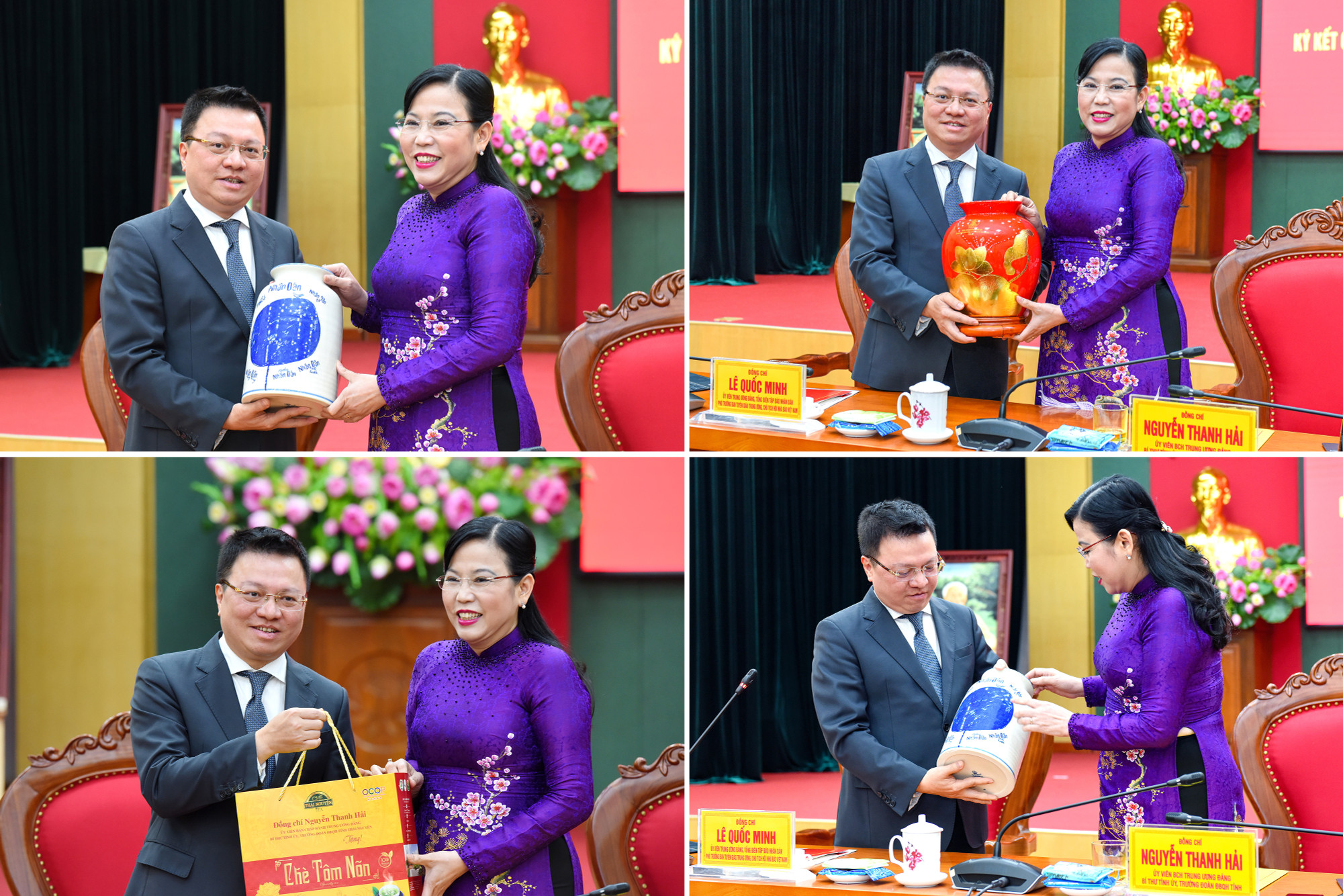 Lãnh đạo hai đơn vị tặng quà lưu niệm sau khi kết thúc hội nghị.