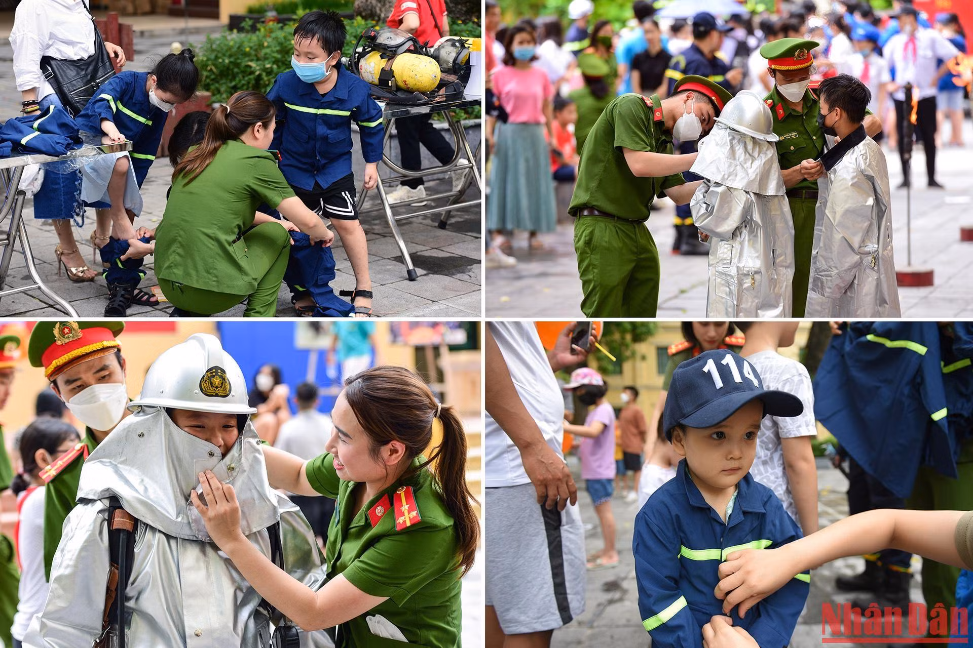 Lực lượng công an quận Hoàn Kiếm (Hà Nội) tận tình thay trang phục PCCC cho các con.
