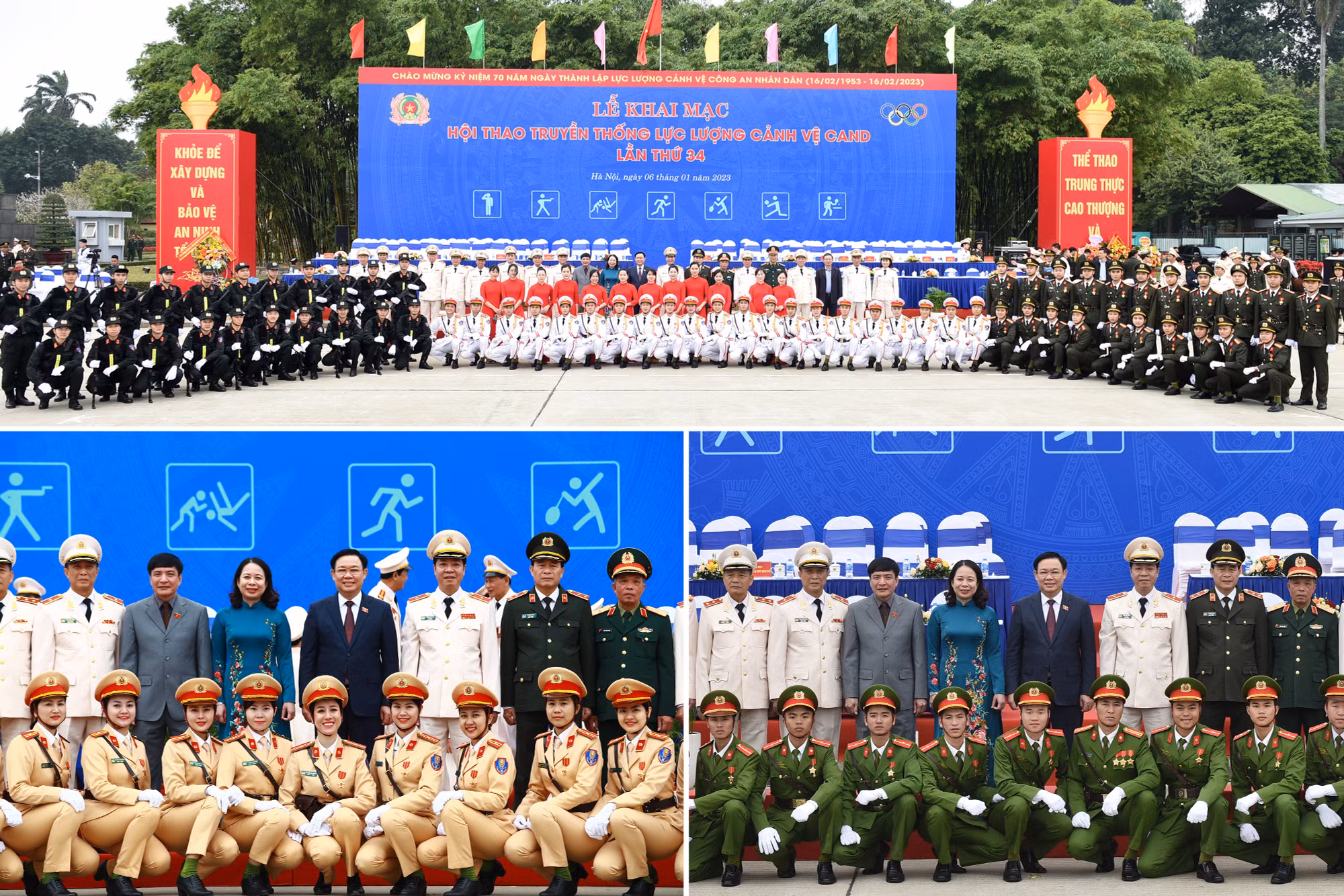 Chủ tịch Quốc hội Vương Đình Huệ; Phó Chủ tịch nước Võ Thị Ánh Xuân; Đại tướng Tô Lâm, Bộ trưởng Bộ Công an và các đại biểu chụp ảnh chung cùng các lực lượng.