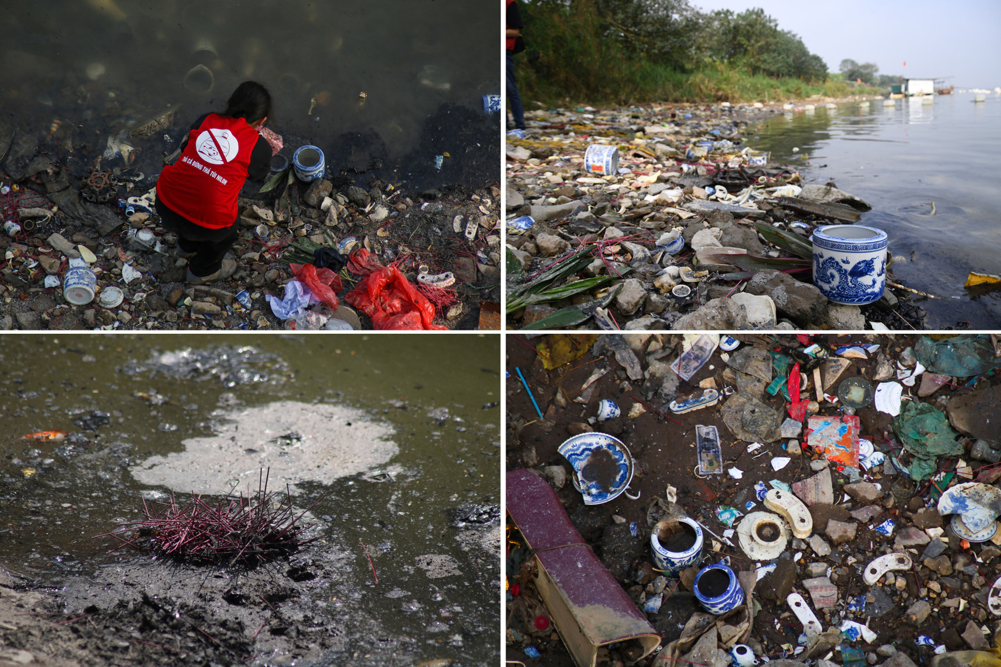 Vẫn còn đó những hình ảnh rác thải tồn đọng tại bãi bờ sông Hồng sau khi người dân thả cá.