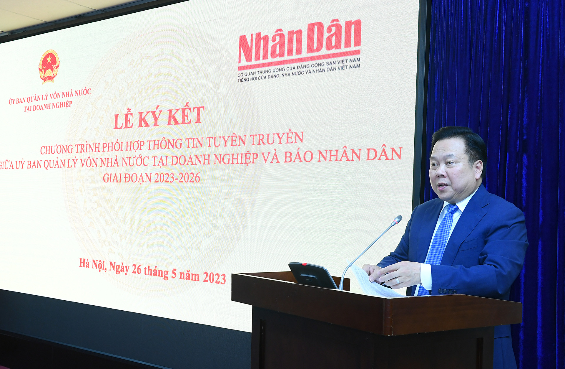 Đồng chí Nguyễn Hoàng Anh, Ủy viên Trung ương Đảng, Bí thư Ban Cán sự Đảng, Chủ tịch Ủy ban Quản lý vốn nhà nước tại doanh nghiệp phát biểu tại buổi lễ.