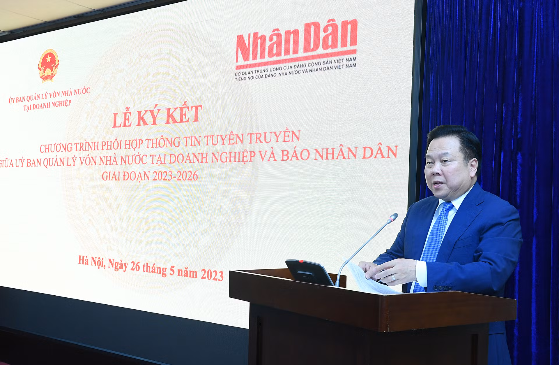 Đồng chí Nguyễn Hoàng Anh, Ủy viên Trung ương Đảng, Bí thư Ban Cán sự Đảng, Chủ tịch Ủy ban Quản lý vốn nhà nước tại doanh nghiệp phát biểu tại buổi lễ.