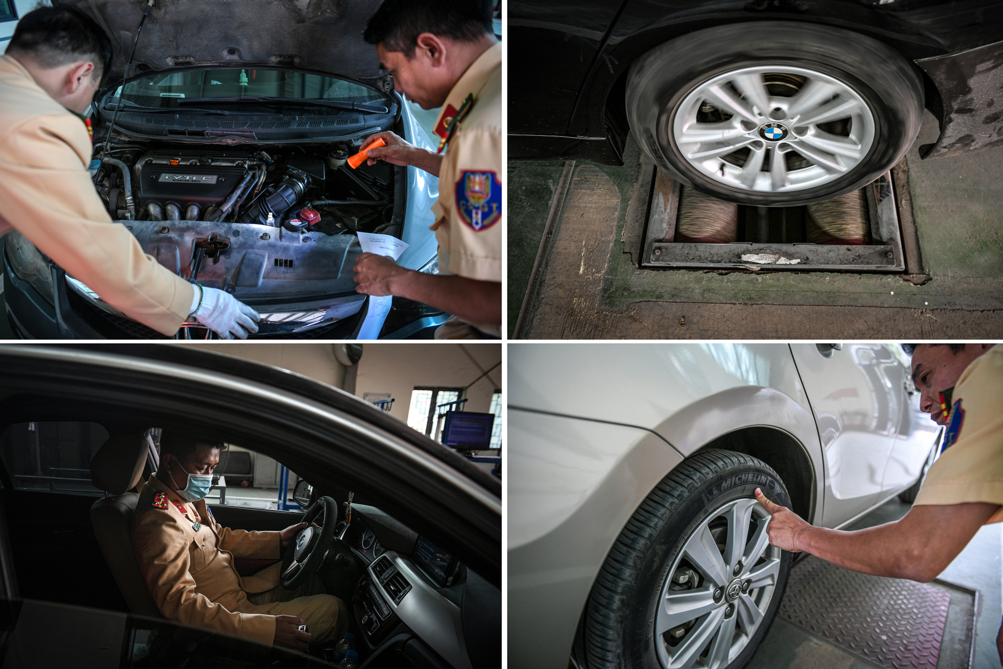 Tất cả các bước kiểm tra đều được các đăng kiểm viên "áo vàng" thực hiện kỹ càng và cẩn trọng.