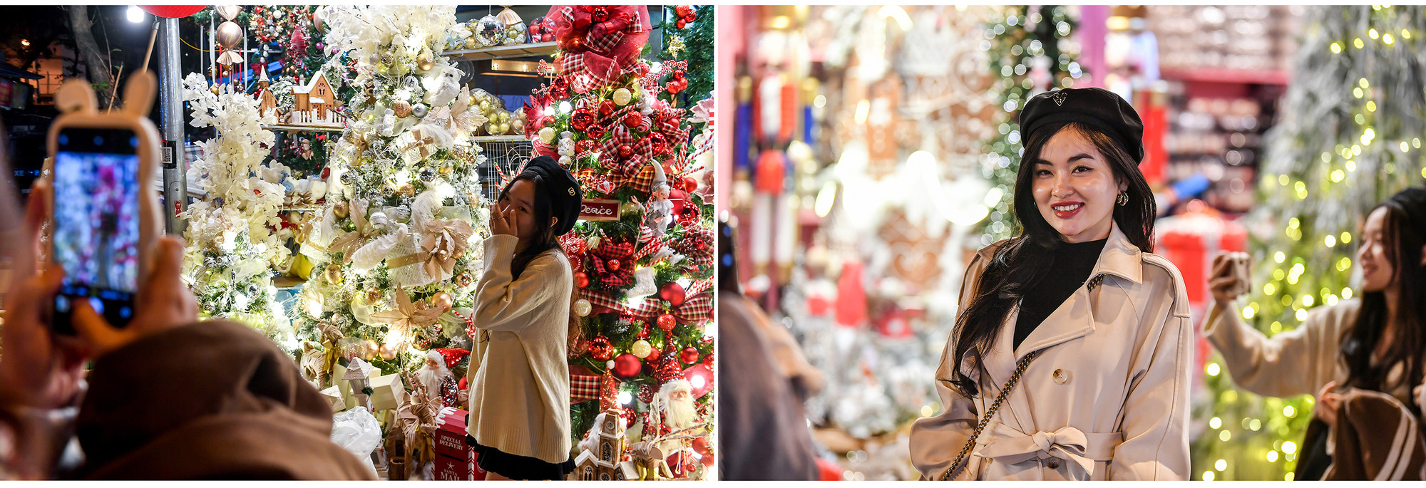 Các cô gái chuẩn bị trang phục ấm cúng với tone màu đậm chất Giáng Sinh như áo choàng dài cùng thêm một phụ kiện nhỏ như khăn quàng cổ, mũ để có những bức ảnh thật xinh.