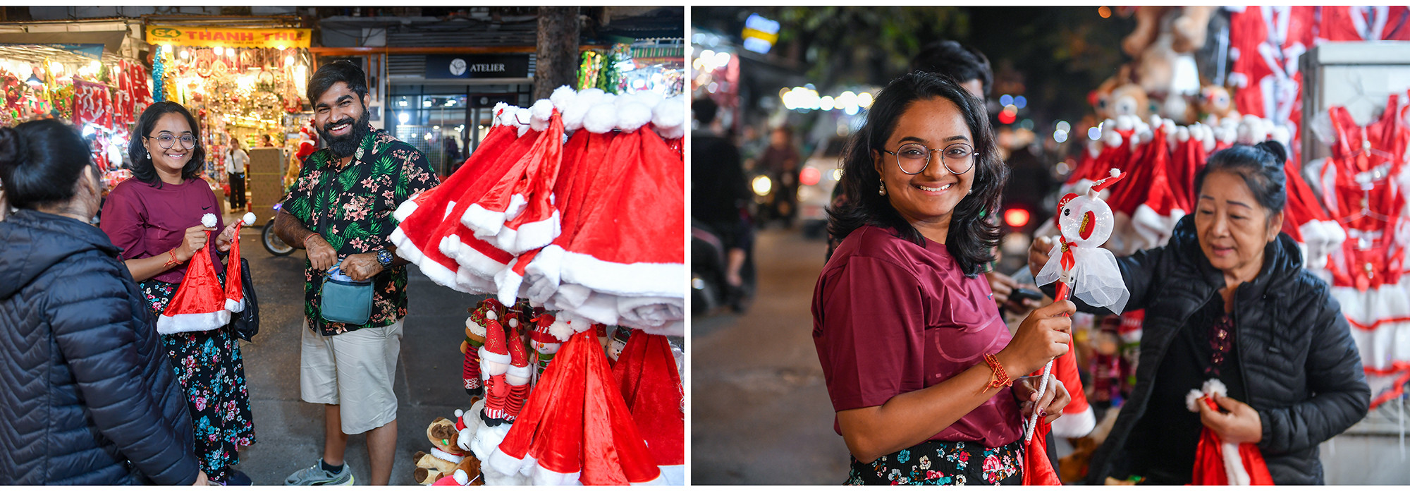 Đôi vợ chồng người Ấn Độ phấn khởi ra mặt vì mua được những sản phẩm quà tặng Noel của Việt Nam vừa rẻ lại còn đẹp mắt.
