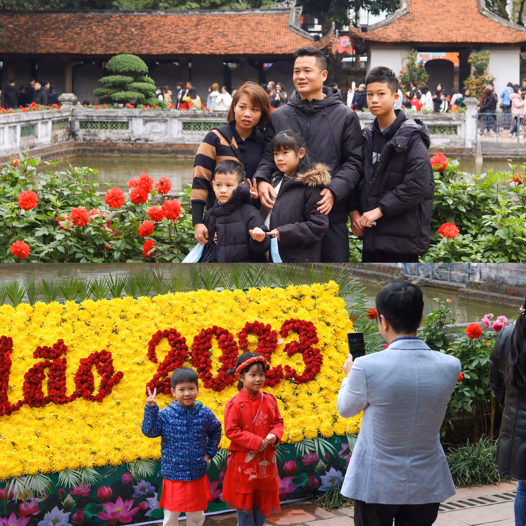 Các bậc phụ huynh chụp ảnh lưu lại kỷ niệm du xuân cùng với con em mình.