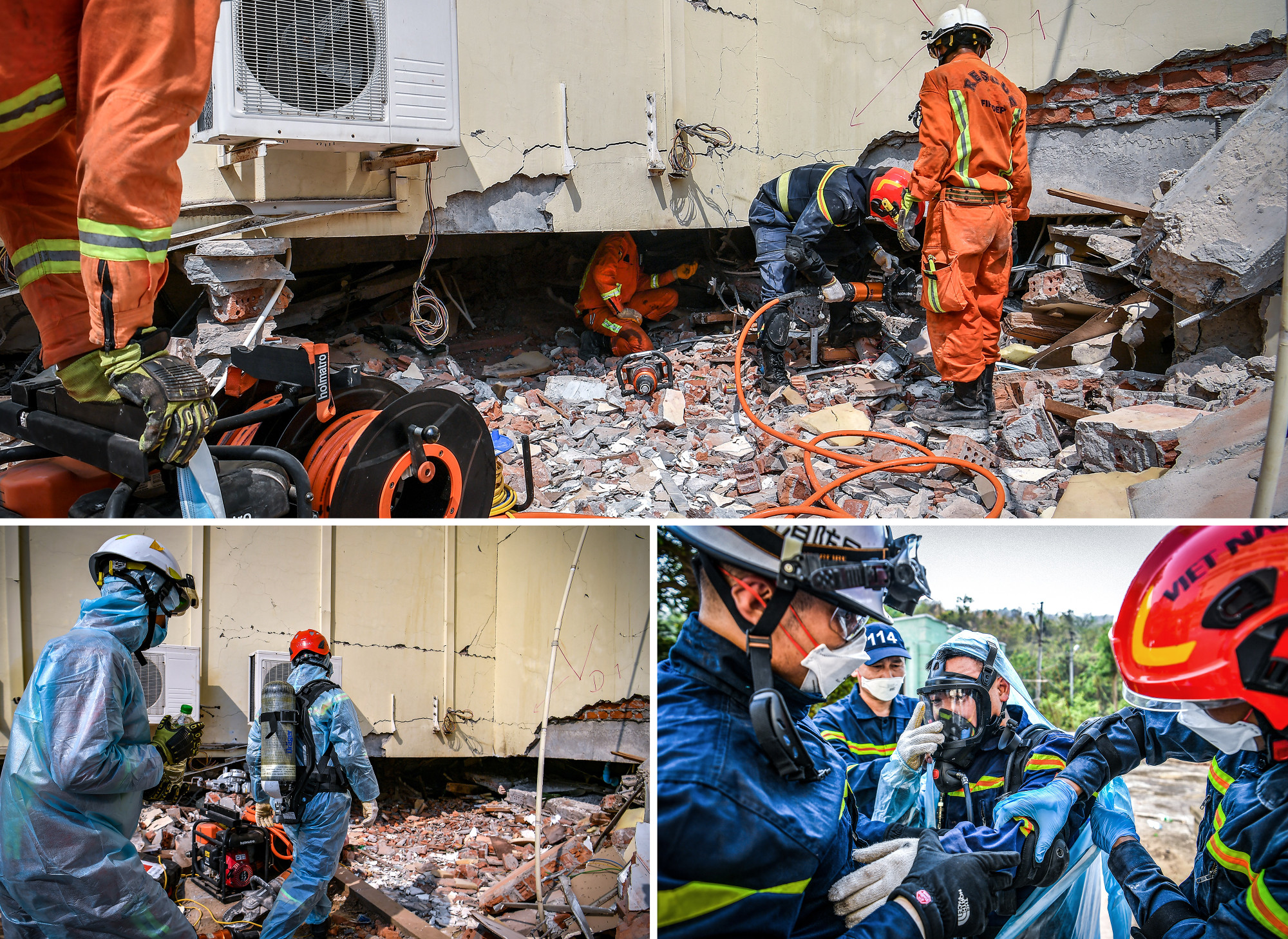 Ngay cả những hiện trường khó khăn, phức tạp nhất, lực lượng cứu nạn, cứu hộ của Bộ Công an Việt Nam vẫn thực hiện trọn vẹn. Lực lượng sử dụng mặt nạ phòng độc chui vào những ngóc ngách nhỏ nhất đưa thi thể nạn nhân ra ngoài.