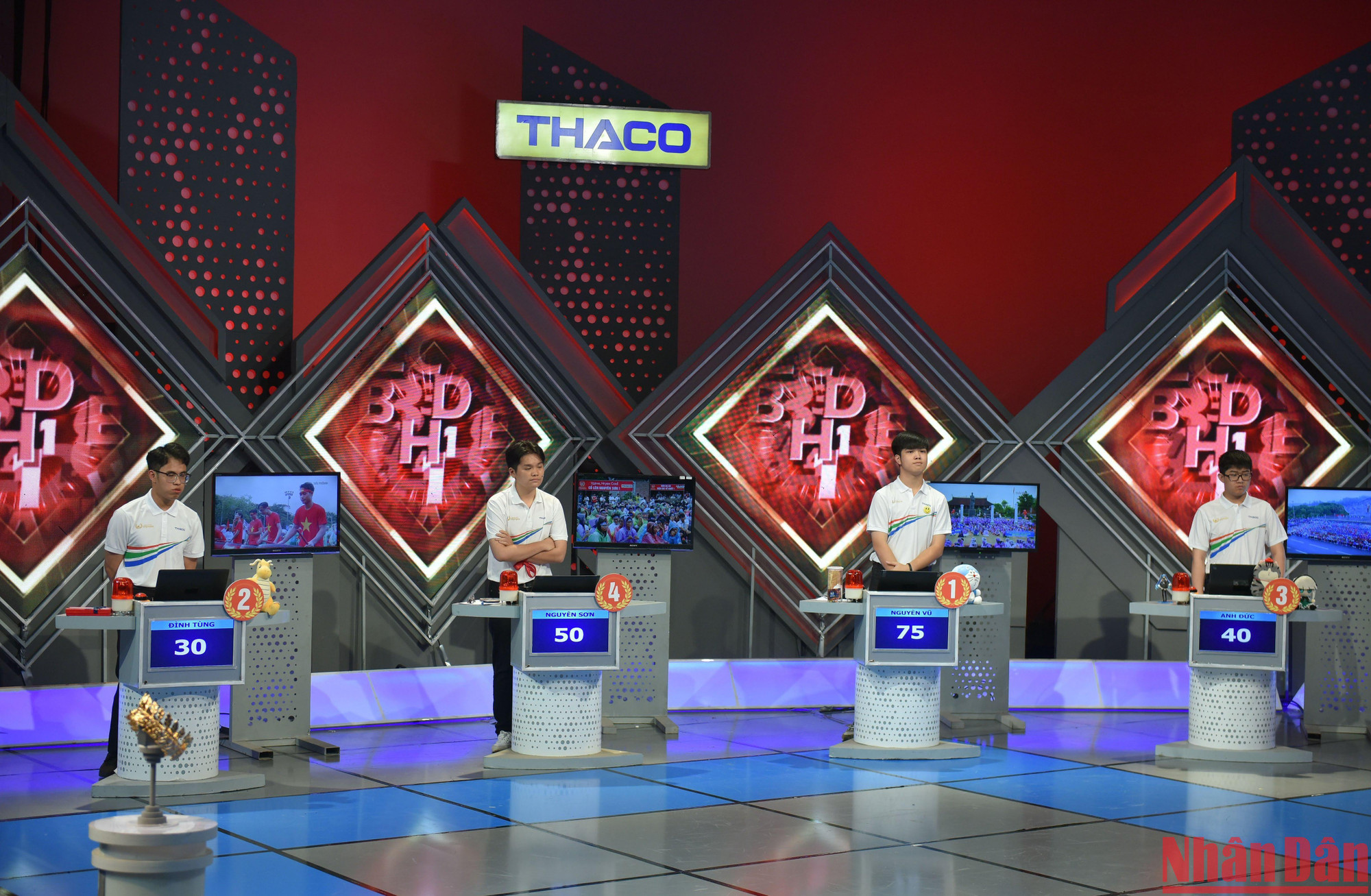 Bước vào phần thi Khởi động: Với kiến thức chung tốt, tư duy nhanh nhạy, Đặng Lê Nguyên Vũ đã trả lời các câu hỏi nhanh, chính xác và dẫn đầu với 75 điểm. (Ảnh: Thành Đạt)