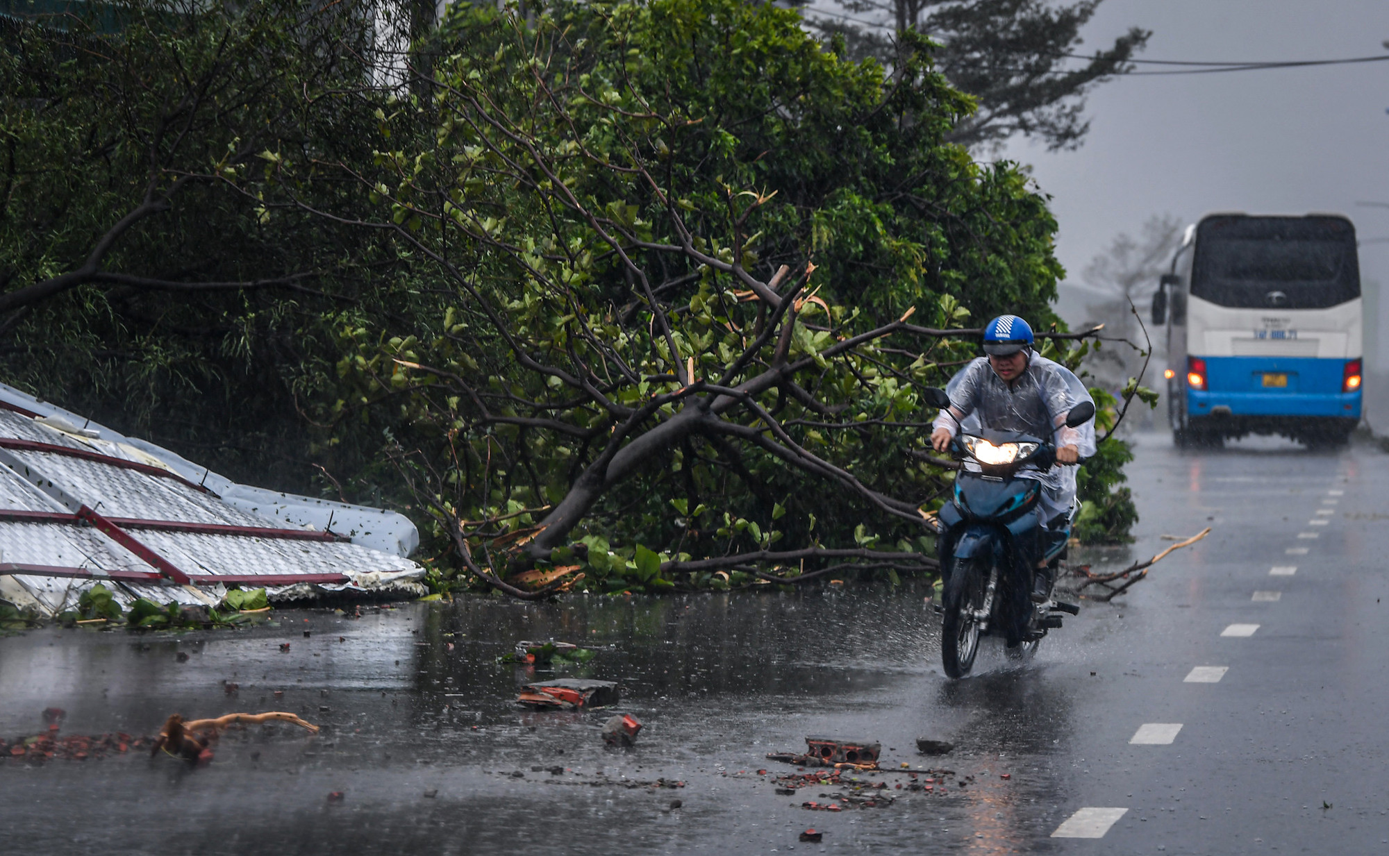 Dưới đất là gạch ngói bay từ trên những mái nhà, bên trái là cây cối gãy gục. Trước bão, con người trở nên nhỏ bé hơn bao giờ hết. Theo thống kê chưa đầy đủ, sau khi bão số 3 quét qua, riêng tỉnh Quảng Ninh đã có ít nhất 4 người tử vong, hàng chục người khác bị thương.