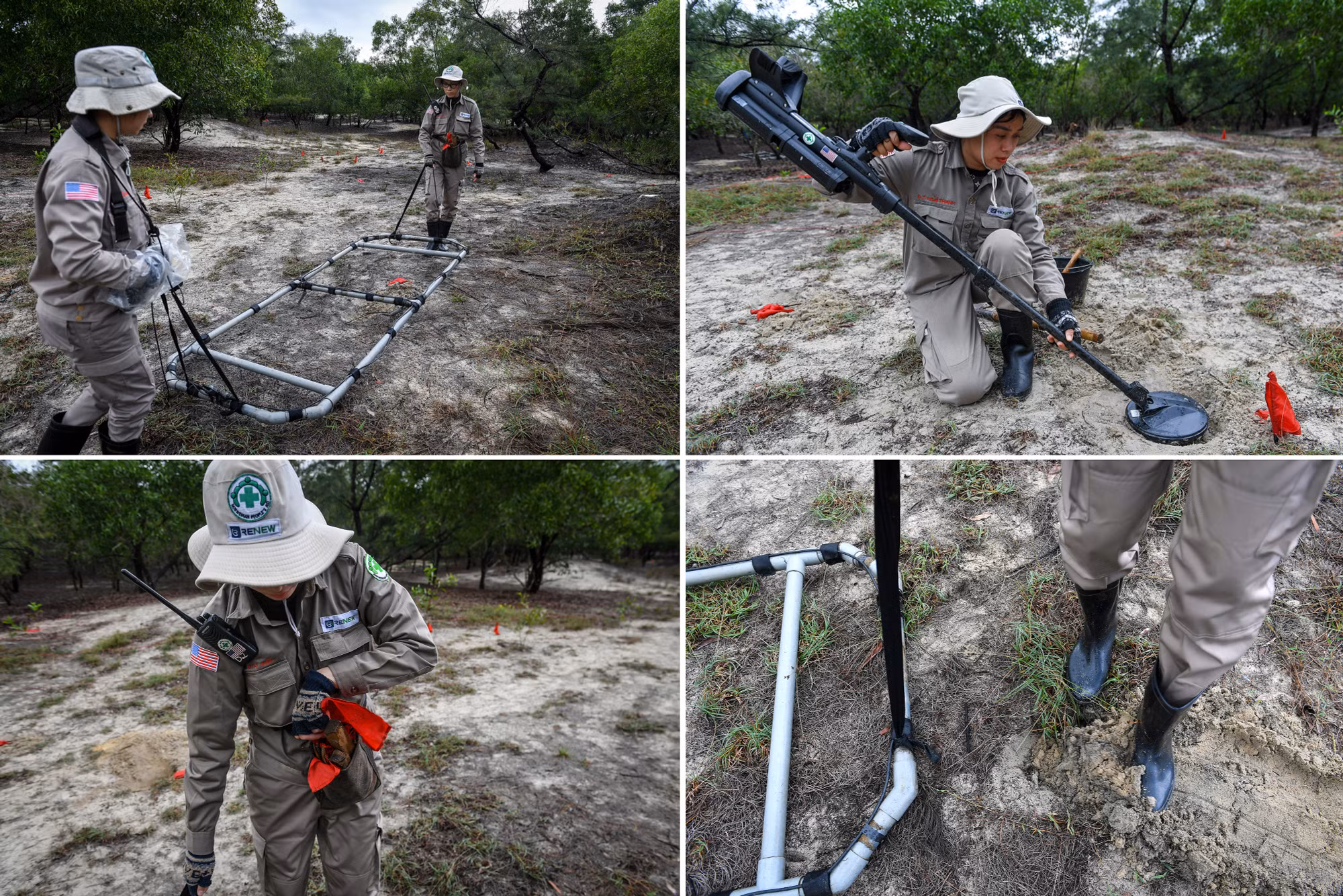 Hai cô gái sử dụng máy rà khung rộng nặng chừng 5kg đi dọc theo mỗi luống. Khi máy phát tiếng kêu, nghĩa là có kim loại vùi trong lòng đất. Lúc này, sau khi đã "định vị chính xác", những cây cờ đỏ đánh dấu được cắm xuống. Khi đã có đủ số tín hiệu và khoảng cách an toàn, một thành viên khác sẽ đến và sử dụng một máy dò cầm tay nhỏ hơn để hỗ trợ xác định lại tín hiệu và đào tìm để “phát hiện tử thần”.