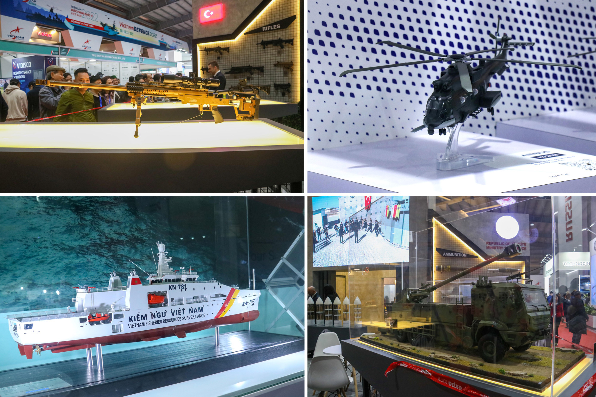 Các mô hình như máy bay trực thăng, tàu Cảnh sát biển Việt Nam hay súng bắn tỉa được trưng bày tại triển lãm.