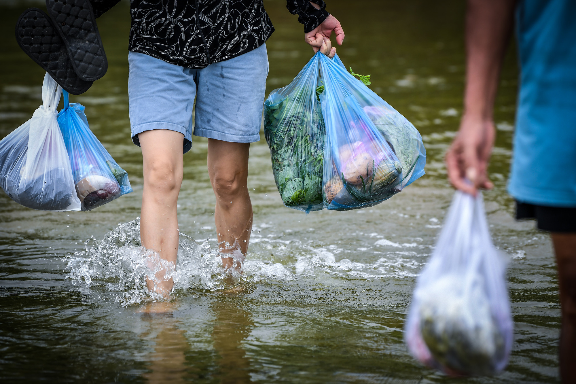 Ngày ngày, người dân phải đi bộ hoặc chèo thuyền ra khu vực đê gần đó để mua thức ăn mang về. Ngày ngày, người dân phải đi bộ hoặc chèo thuyền ra khu vực đê gần đó để mua thức ăn mang về.