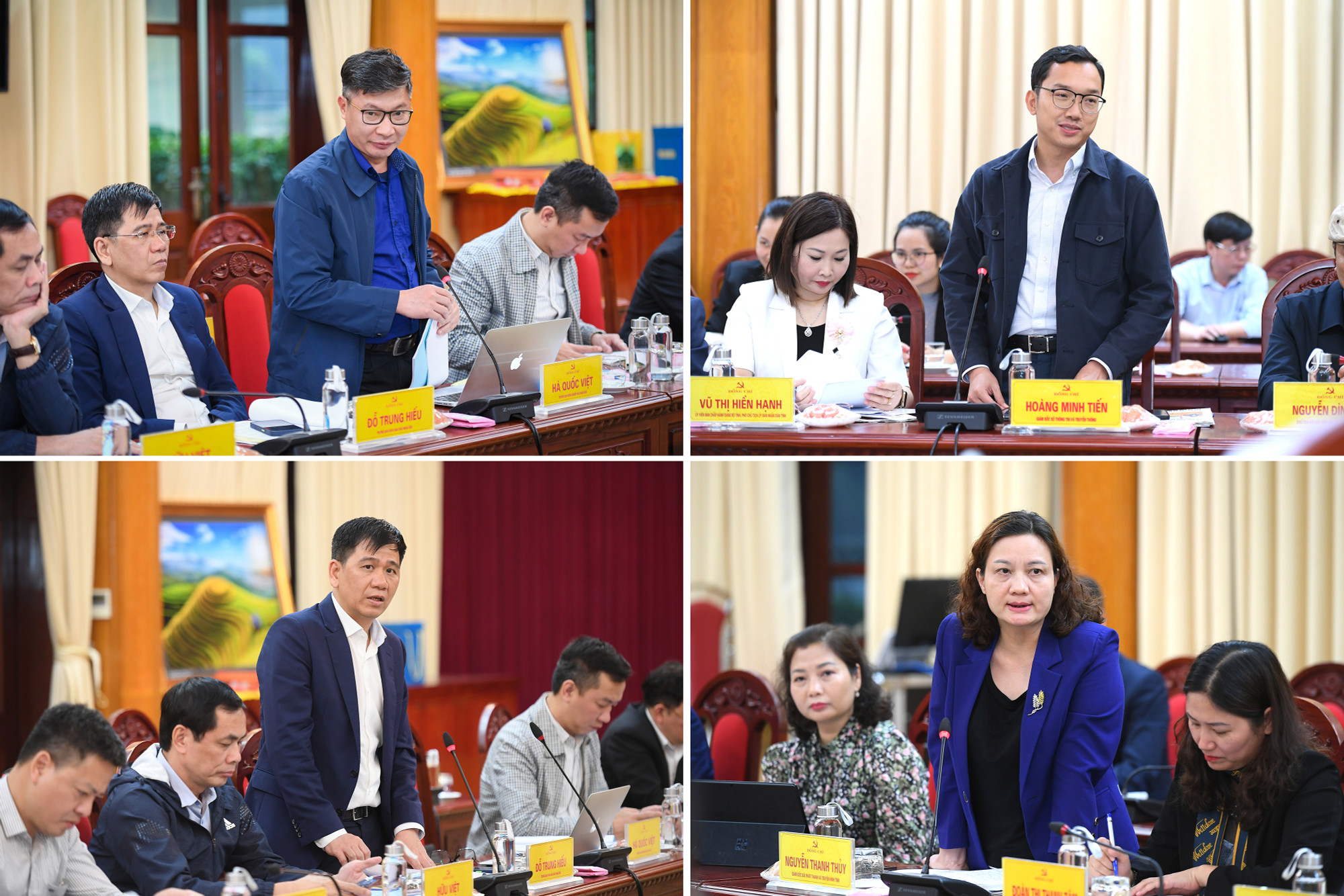 Các đại biểu của đoàn công tác Báo Nhân Dân và tỉnh ủy Yên Bái phát biểu chia sẻ những kinh nghiệm nâng cao hiệu quả hoạt động báo chí trên địa bàn tỉnh và công tác phối hợp tuyên truyền trên các loại hình của Báo Nhân Dân trong thời gian tới.