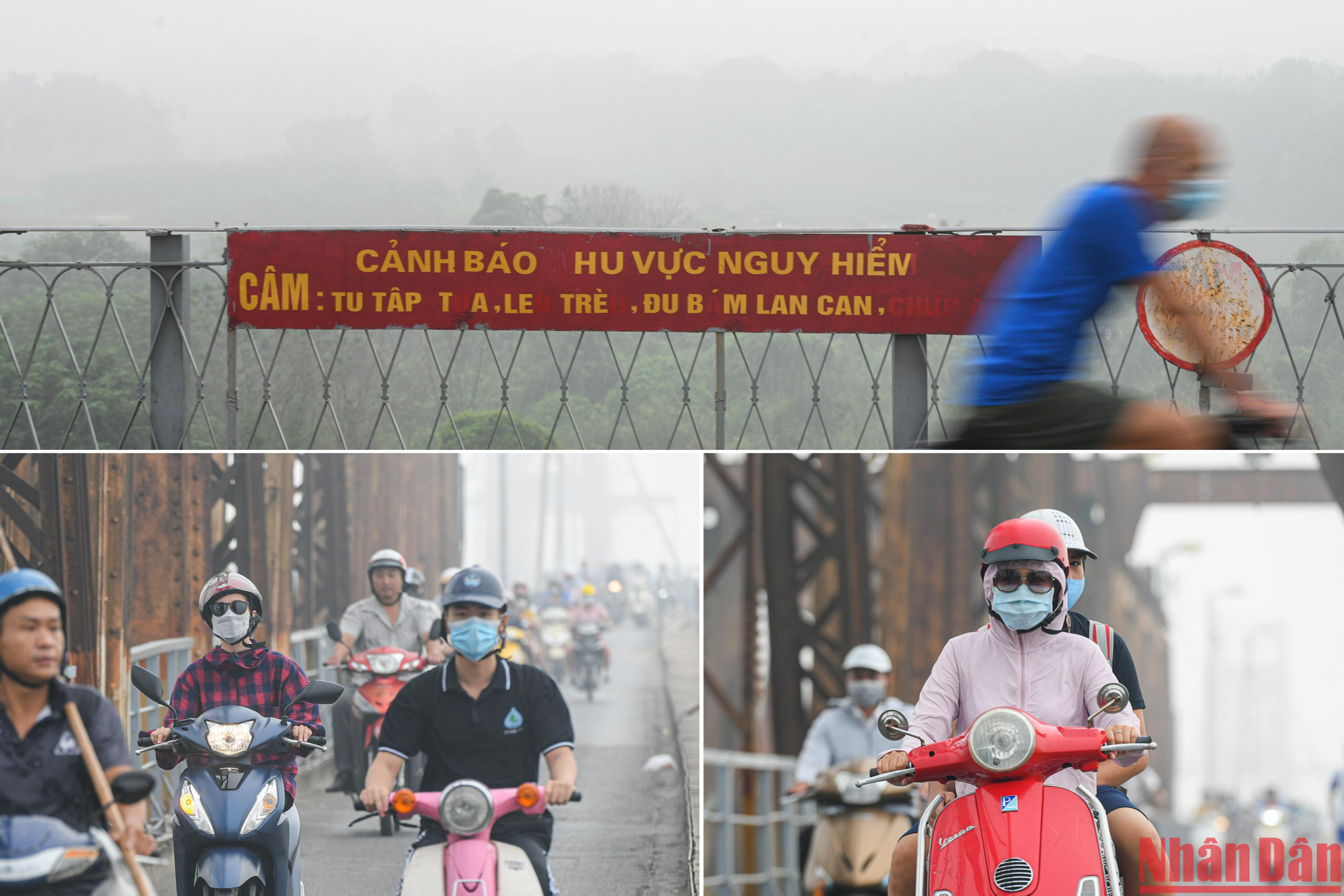 Tại cầu Long Biên, một số phương tiện xe máy bật đèn trong khi tham gia giao thông trên đường do sương mờ ảnh hưởng tầm nhìn, khó quan sát.