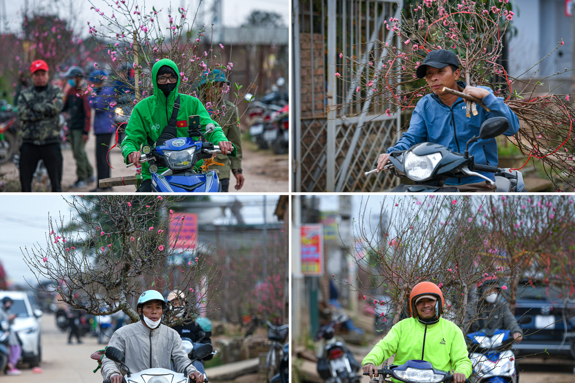 Làng đào Nhật Tân đắt khách, người chở đào thuê phấn khởi chia sẻ: "Một ngày chạy hết công suất bọn em cũng kiếm được 2,3 triệu đấy anh ạ".