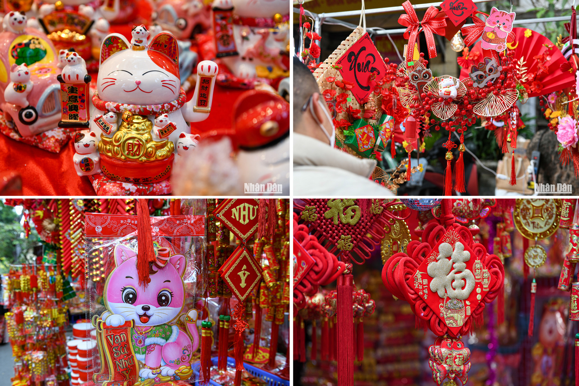 Nhiều mặt hàng trang trí Tết mang đậm nét truyền thống như câu đối đỏ, mô hình bánh chưng, pháo, chữ thư pháp... được bày bán đa dạng, với nhiều kích cỡ để khách hàng lựa chọn.