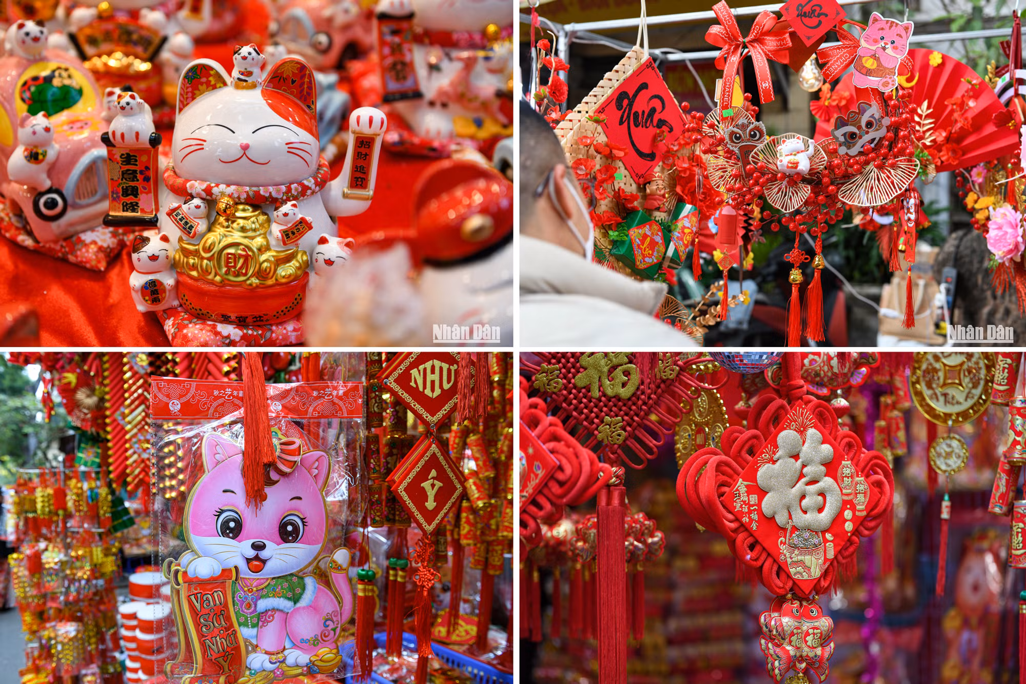 Nhiều mặt hàng trang trí Tết mang đậm nét truyền thống như câu đối đỏ, mô hình bánh chưng, pháo, chữ thư pháp... được bày bán đa dạng, với nhiều kích cỡ để khách hàng lựa chọn.