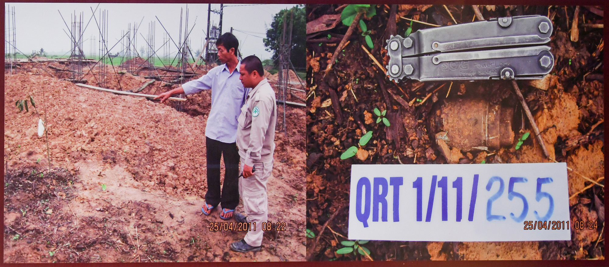 Thông qua các hiện vật cũng như hình ảnh được trưng bày, người xem có thể thấy bom, mìn và vật nổ hiện diện ngay trong cuộc sống thường nhật. Trong ảnh, các chuyên gia phát hiện một vật nổ tại công trình xây dựng của nhà dân.