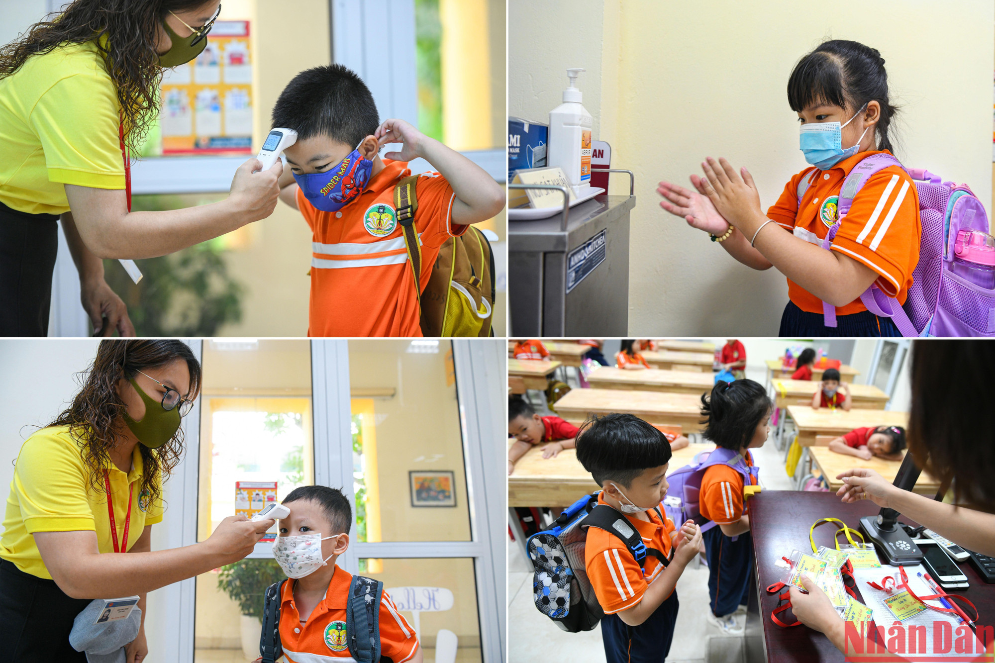 Trước khi vào lớp, cô giáo kiểm tra thân nhiệt, rửa tay sát khuẩn; đồng thời, phát thẻ học sinh cho các con.