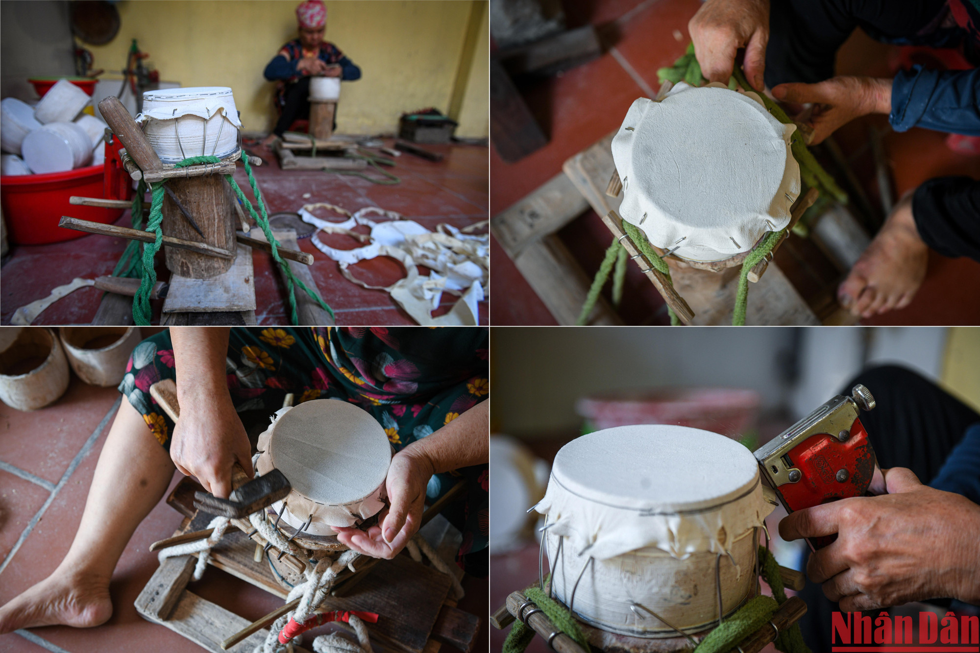 Quy trình bưng trống (đóng mặt trống) là công đoạn cần sự khéo léo của những thợ lành nghề. Nếu bưng quá căng, trống sẽ không tròn tiếng, còn ngược lại nếu quá chùng thì tiếng sẽ non, sản phẩm nhanh hỏng. Sau khi đóng mặt trống xong, người thợ sẽ sơn đỏ xung quanh tang trống.