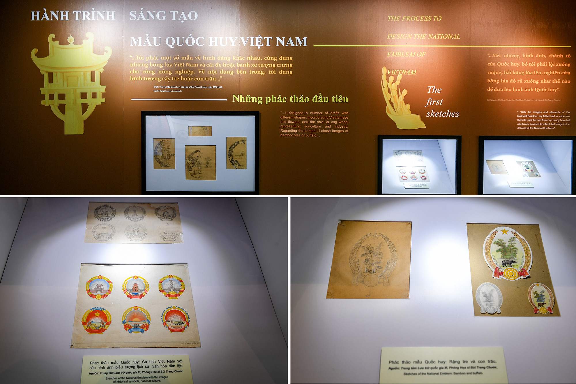 “Hành trình sáng tạo mẫu Quốc huy Việt Nam” là chủ đề phần 2 giới thiệu một số văn bản khởi nguồn cho việc sáng tác Quốc huy Việt Nam và hành trình sáng tạo mẫu Quốc huy của họa sĩ Bùi Trang Chước, từ những nét phác thảo đầu tiên với những cây tre, con trâu, bông lúa…hay hình dáng đa dạng, màu sắc phong phú, chủ đề thân thuộc cùng những lời tự sự về hành trình sáng tác mẫu Quốc huy của họa sĩ.