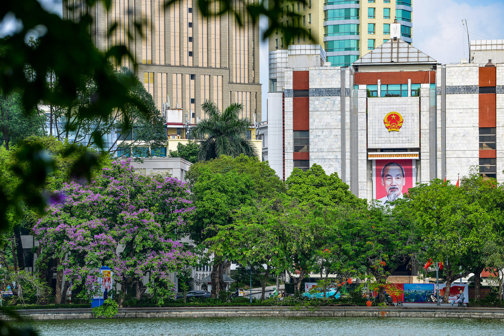 Hoa bằng lăng soi bóng xuống hồ Gươm, tạo nên sắc tím nhẹ nhàng, lãng mạn trong không gian cổ kính, yên tĩnh.