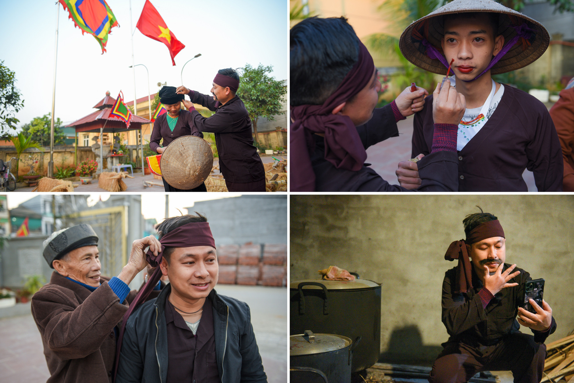 Những người được chọn trình diễn lễ hội có mặt từ sáng sớm để hoá trang.