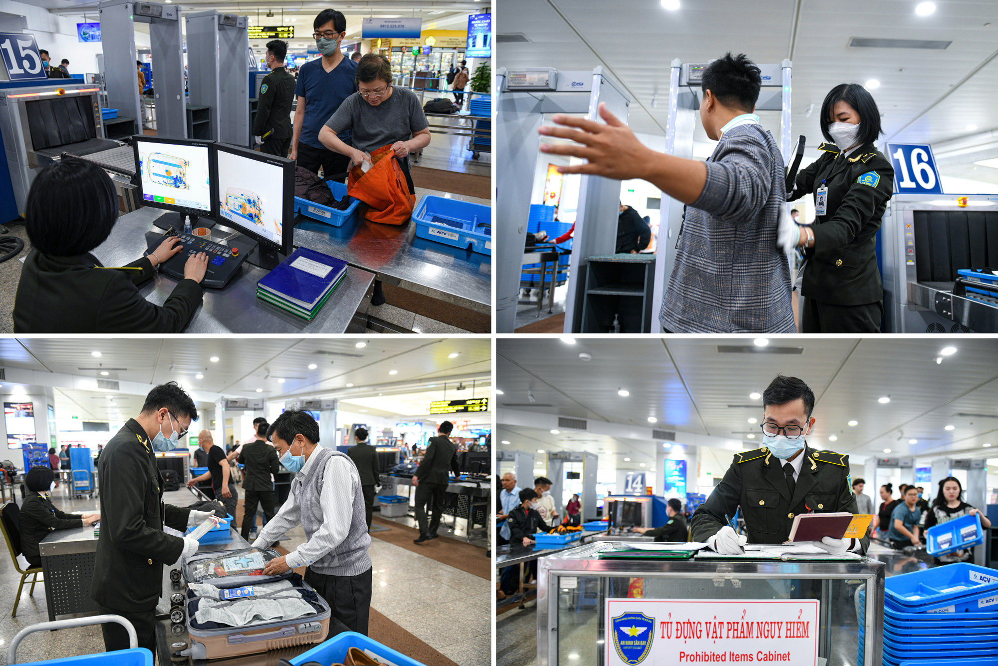 Dù lượng khách đông nhưng công tác soi chiếu kiểm tra an ninh vẫn được đảm bảo các bước rất nghiêm ngặt như: hành khách không được để máy tính trong vali, không mang vật phẩm nguy hiểm như dao, kéo, bật lửa, pin, trong hành lý....