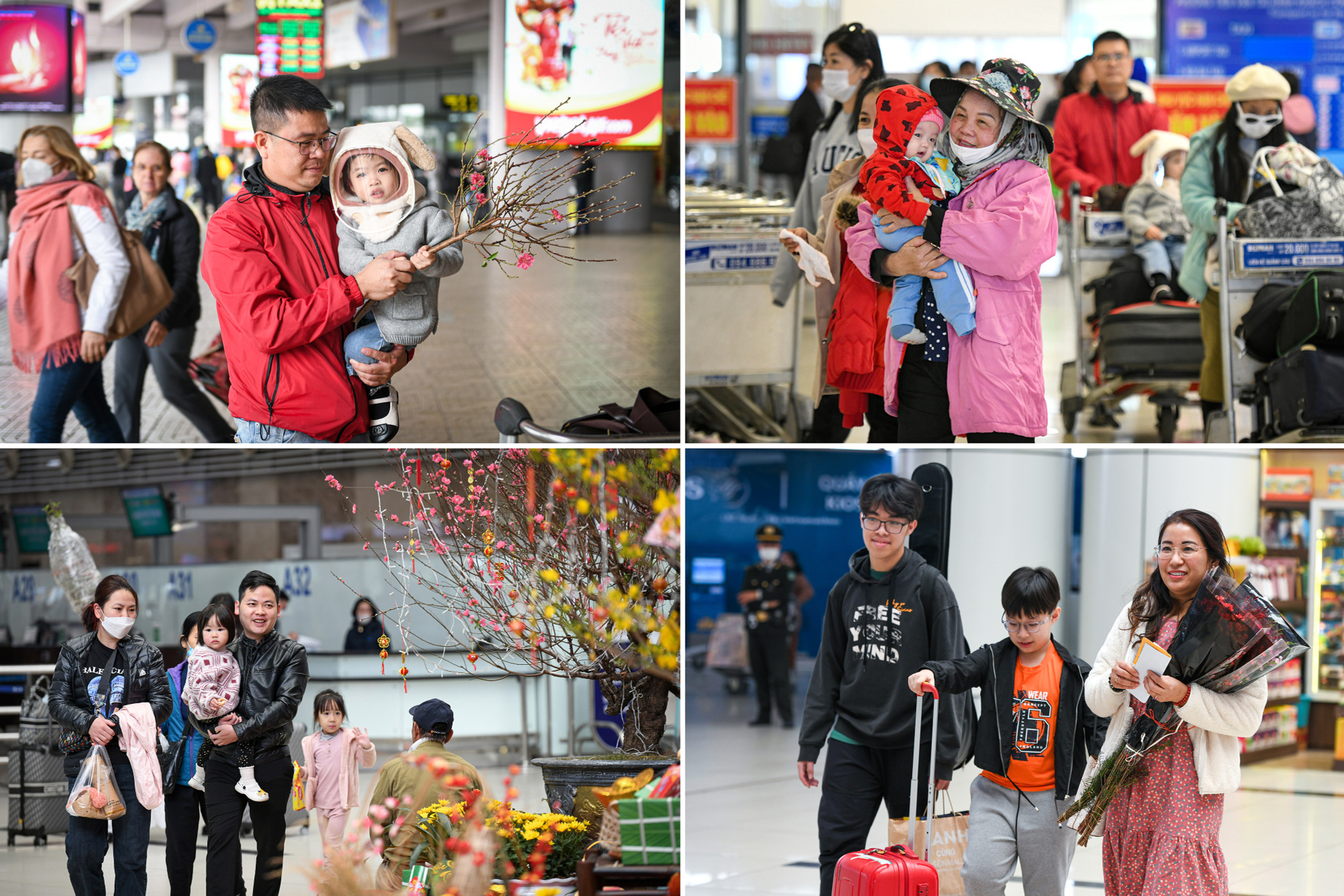 Những hình ảnh hân hoan, vui mừng của các gia đình chuẩn bị về đón Tết tại sân bay Nội Bài.