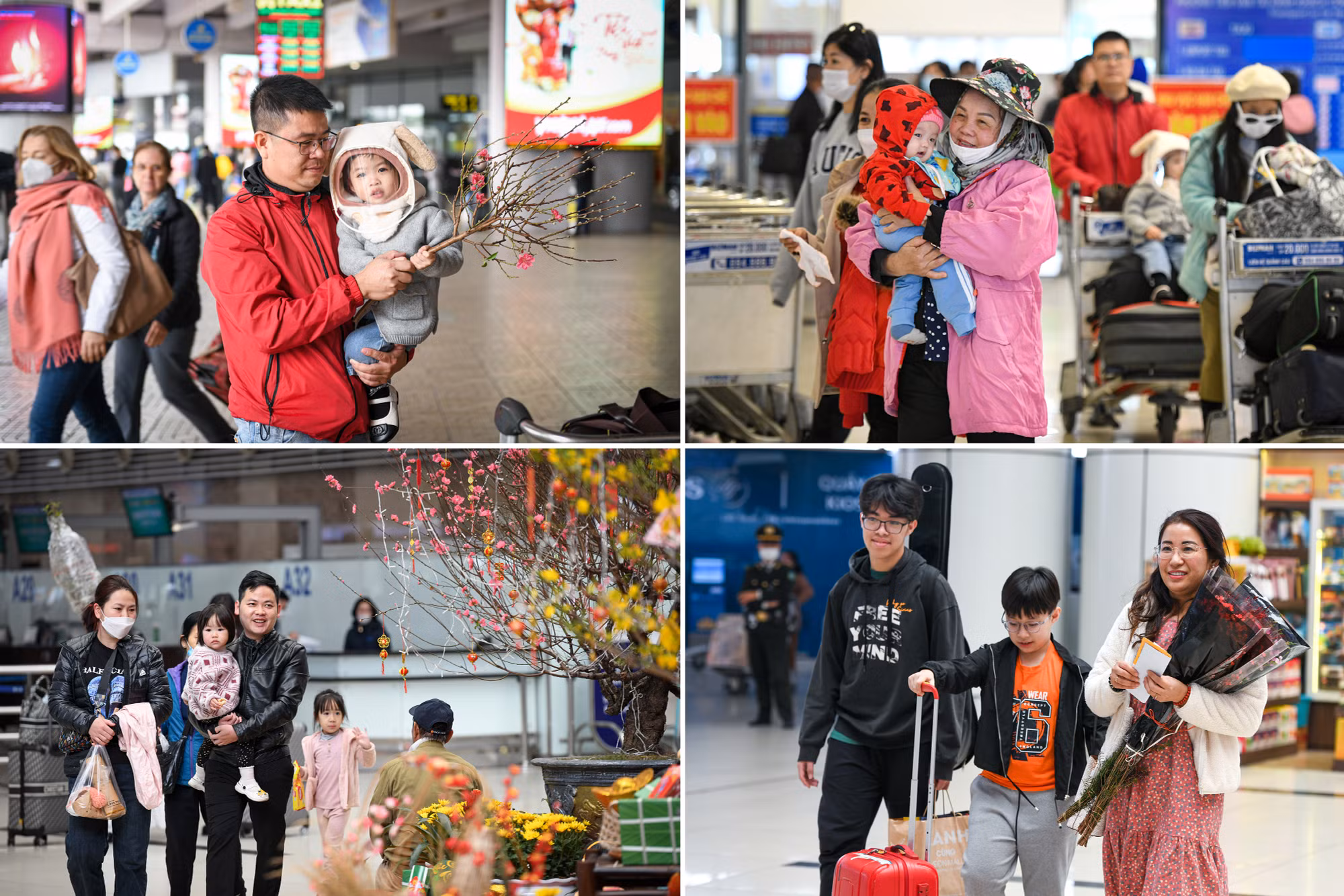 Những hình ảnh hân hoan, vui mừng của các gia đình chuẩn bị về đón Tết tại sân bay Nội Bài.
