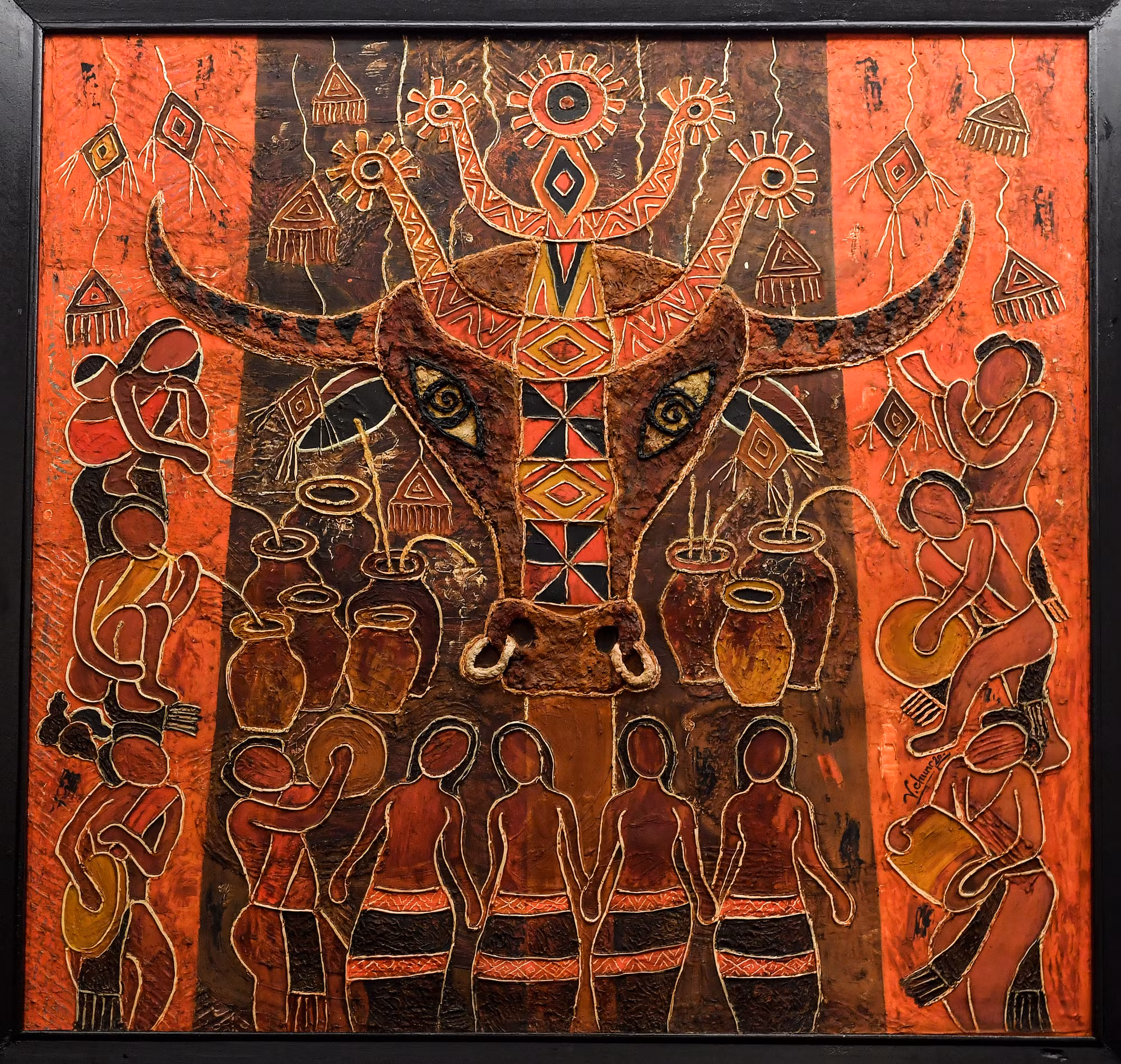 Tác phẩm "Hội làng" của tác giả Nguyễn Văn Chung, sử dụng chất liệu tổng hợp, là một trong số 70 tác phẩm lọt vào chung khảo.