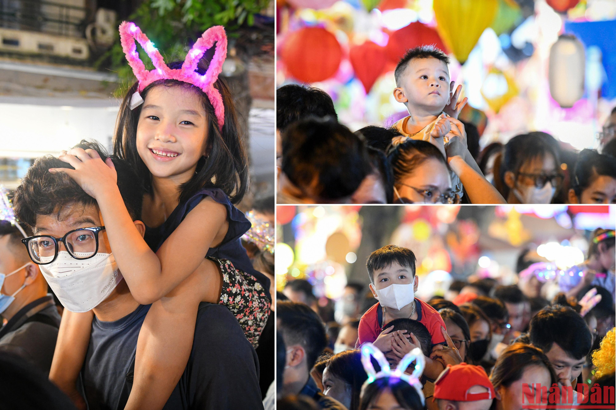 Những gương mặt ngây thơ, đáng yêu khi các em chỉ có thể ôm chặt đầu bố ngắm Trung thu từ trên cao.