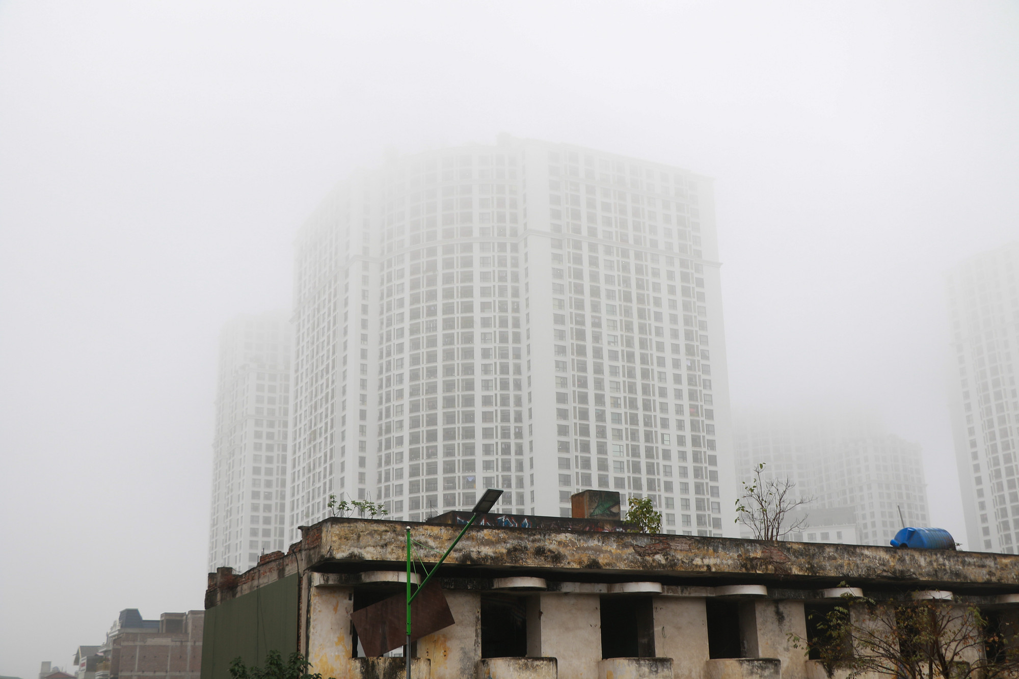 Sương mù che kín nóc của những toà nhà cao tầng.