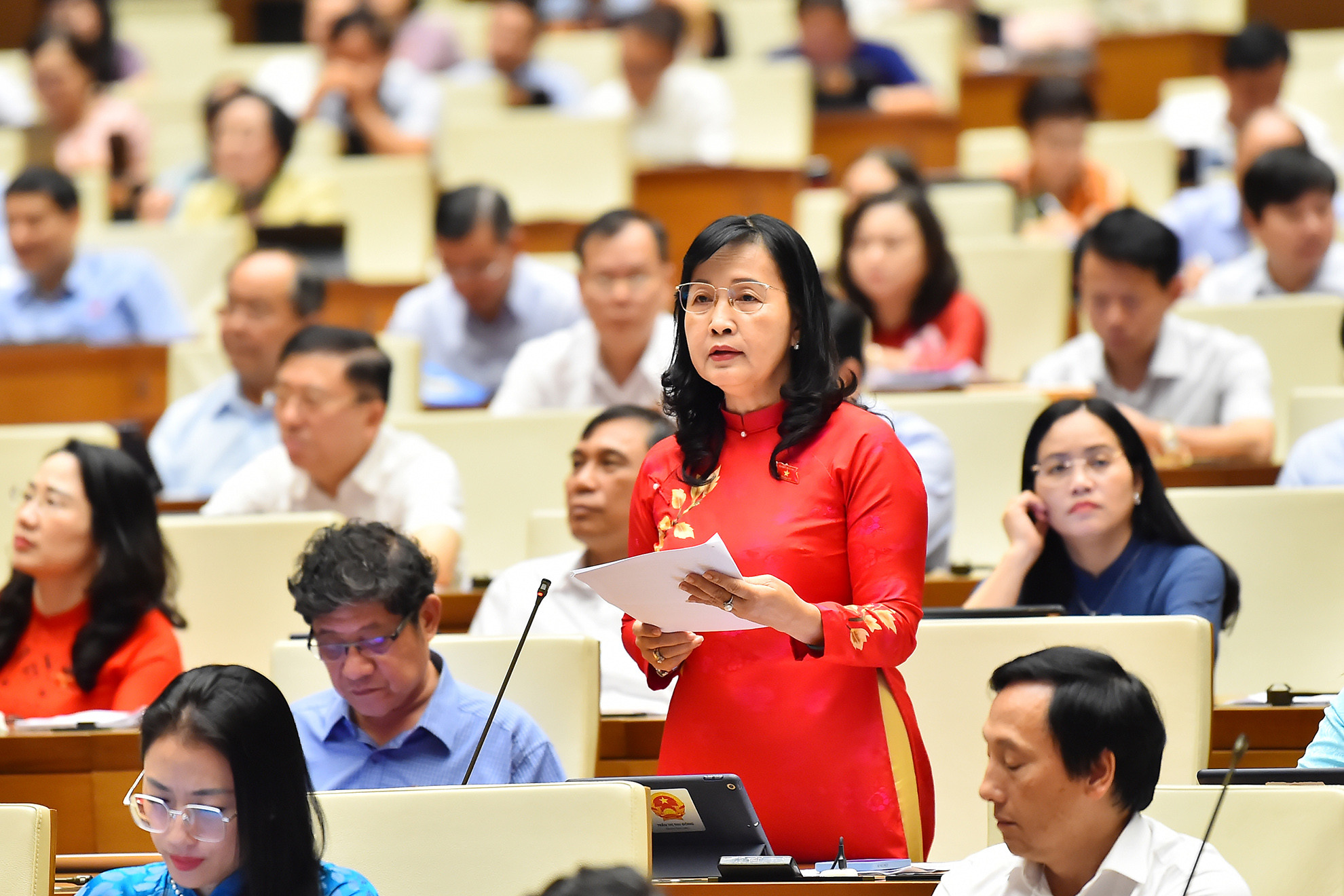 Đại biểu Quốc hội tỉnh Bạc Liêu Trần Thị Thu Đông phát biểu ý kiến thảo luận tại hội trường.